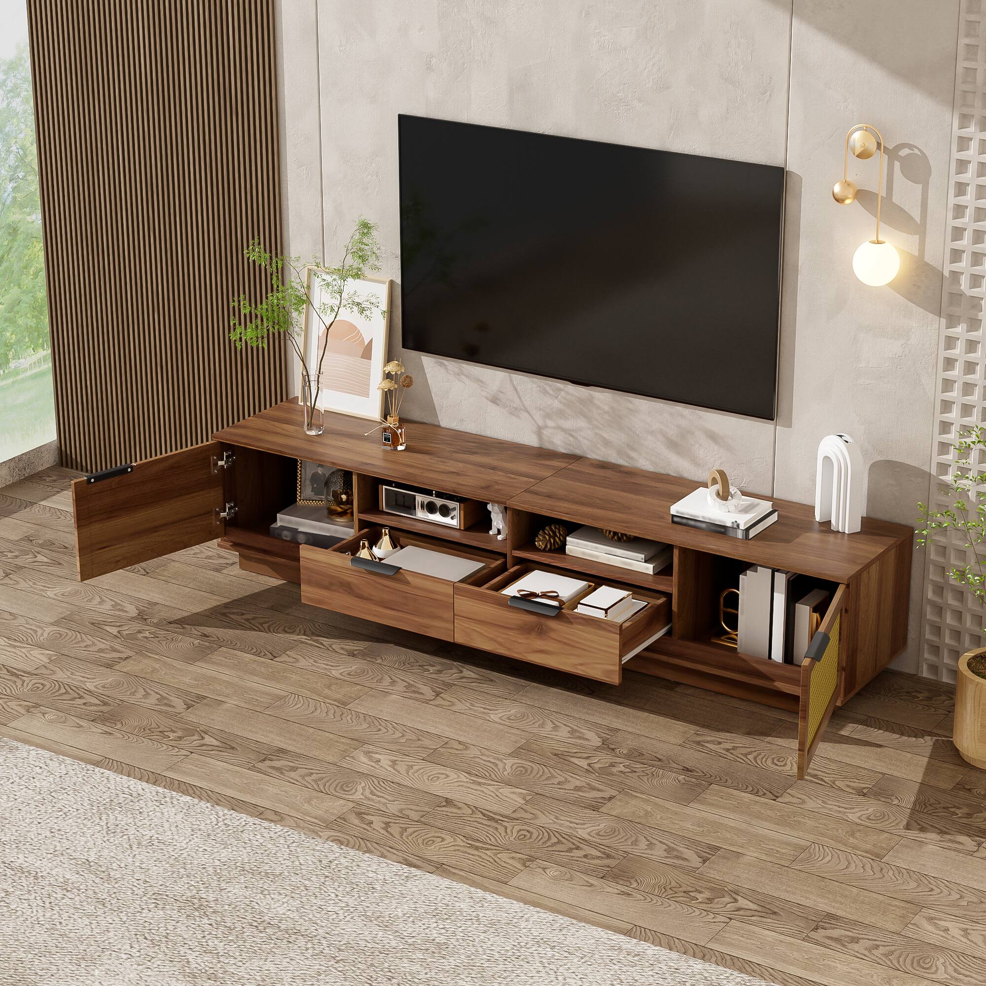 Angle. MERAVOM - TV Stand for 85'' TV, Mid Century Modern Entertainment Center with Storage, Media Console with 2 Drawers for Living Room - Walnut.