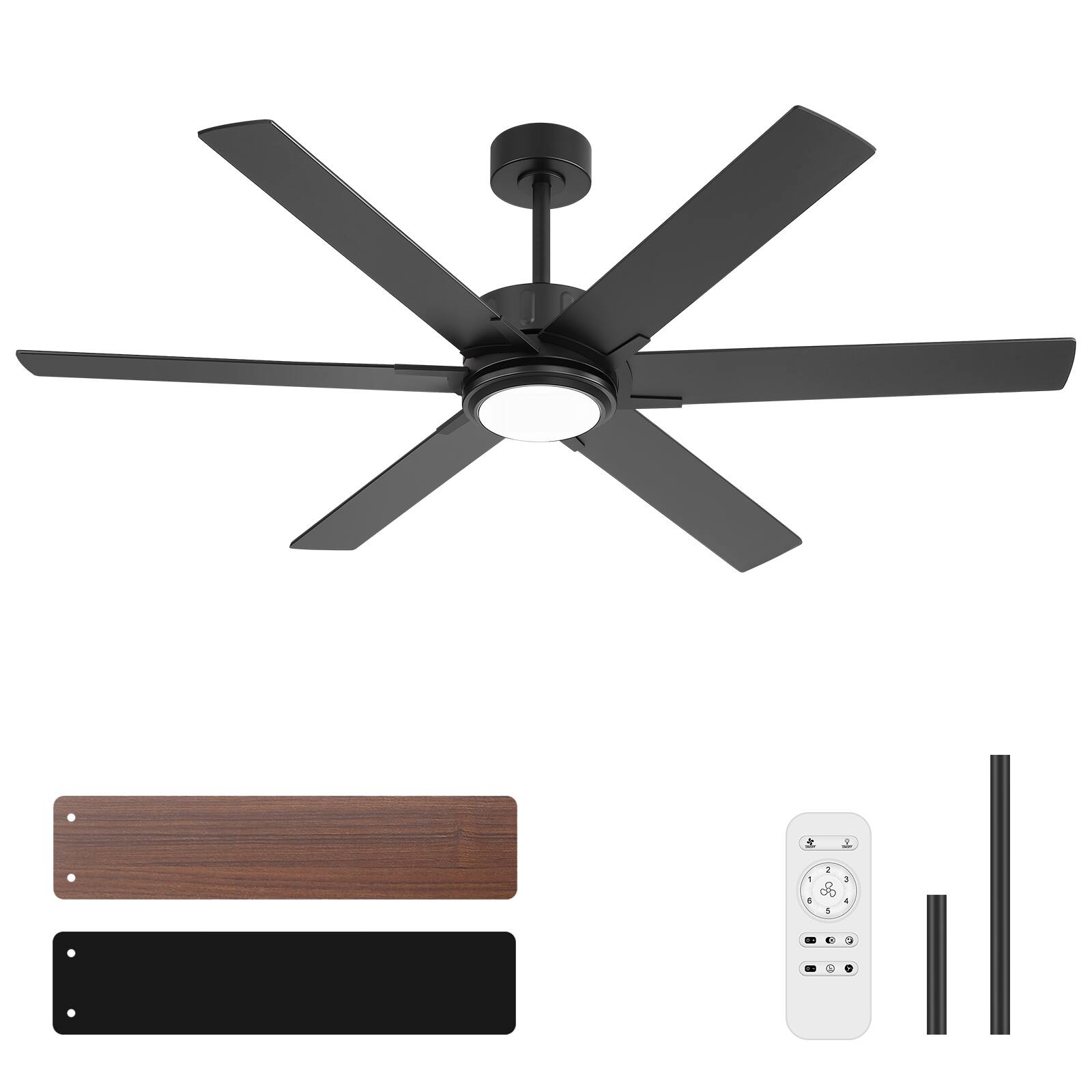 Alt View 8. Breezary - 60-In LED Ceiling Fan with Light, 6 Plywood Blades, 6-Speed DC Motor, Remote, 3CCT, 6"/12" Downrods - 60-inch Black.