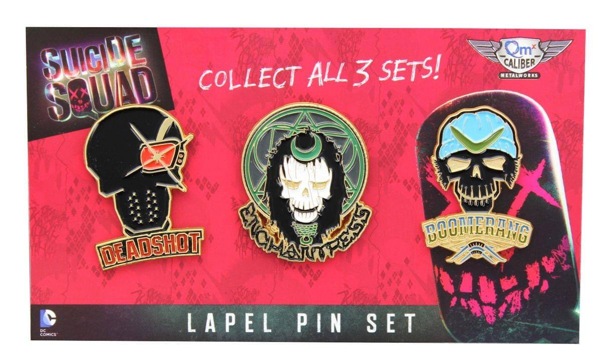Sure, here is the corrected and grouped text from the image:

---

**Suicide Squad**

**Collect All 3 Sets!**

**Deadshot**

**Boomerang**

**Lapel Pin Set**

**DC Comics**

**Qm² Caliber**

**Metalworks**

---