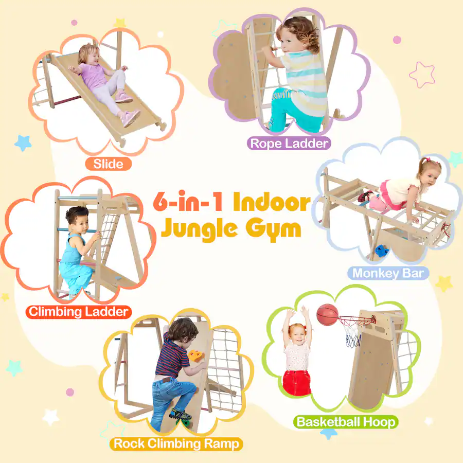 Slide Rope Scale Gymax 6 in 1 Jungle Gym w/Slide Rock Climbing Basketball Hoop Monkey ...
