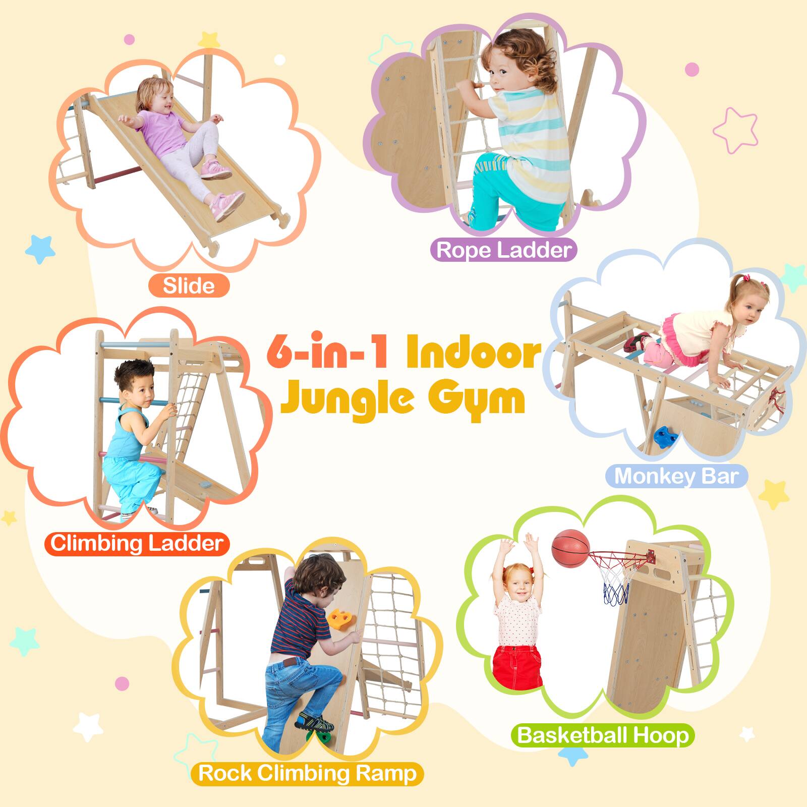 Slide Rope Ladder 6-in-1 Indoor Jungle Gym Monkey Bar Climbing Ladder Rock Climbing Ramp Basketball Hoop