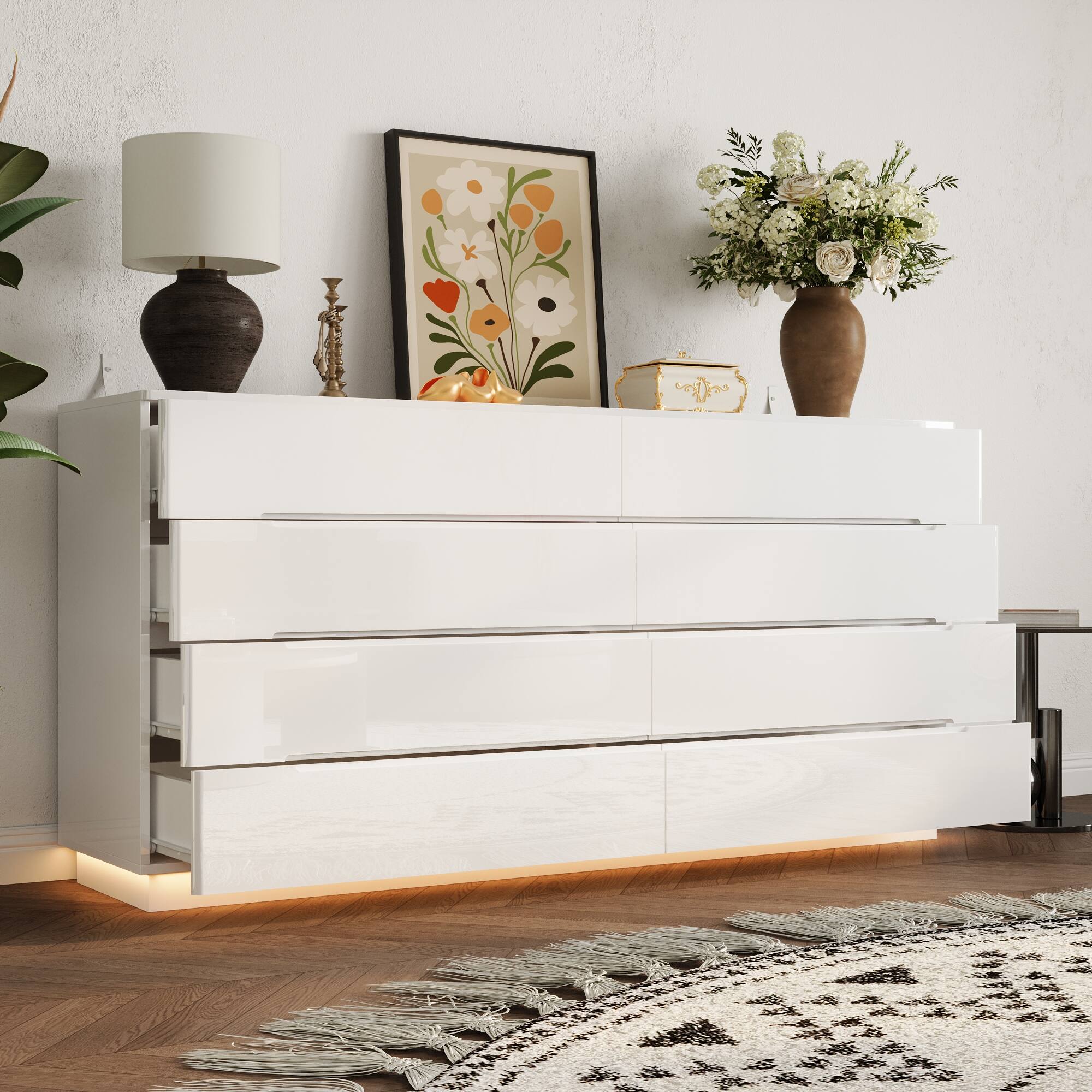 Left. Famapy - Famapy Horizontal Dresser: High - Gloss Finish & Spacious Storage for Modern Spaces - White.