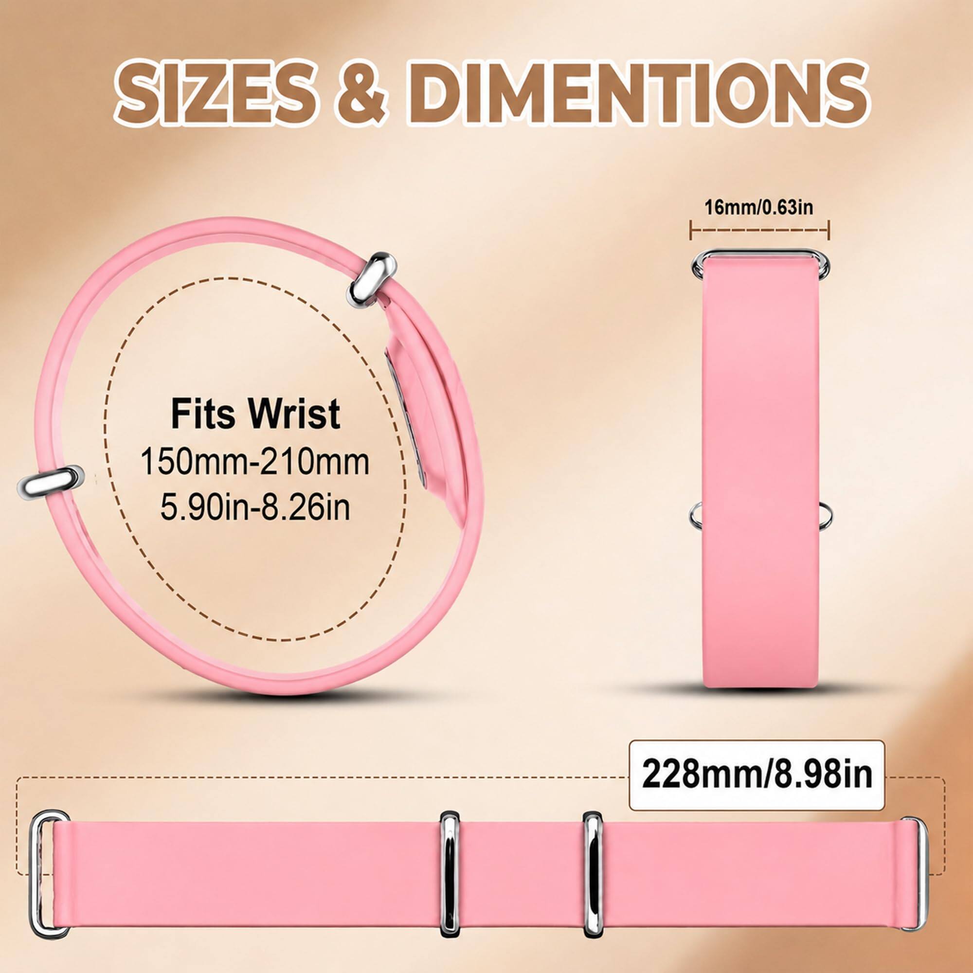 SIZES & DIMENSIONS  
16mm/0.63in  
Fits Wrist 150mm-210mm 5.90in-8.26in  
228mm/8.98in
