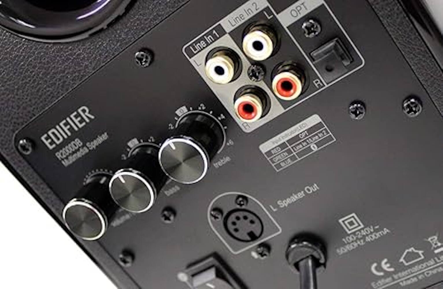 In 2 Line In 1 Line OPT EDIFIER R2000DB Speaker 0 trable R OPT 2 in 11ine RED Lise 0 DREEN B Out L Speaker 100-240V- 400mA SAEOHZ L CE International in Chirw Edifer Made