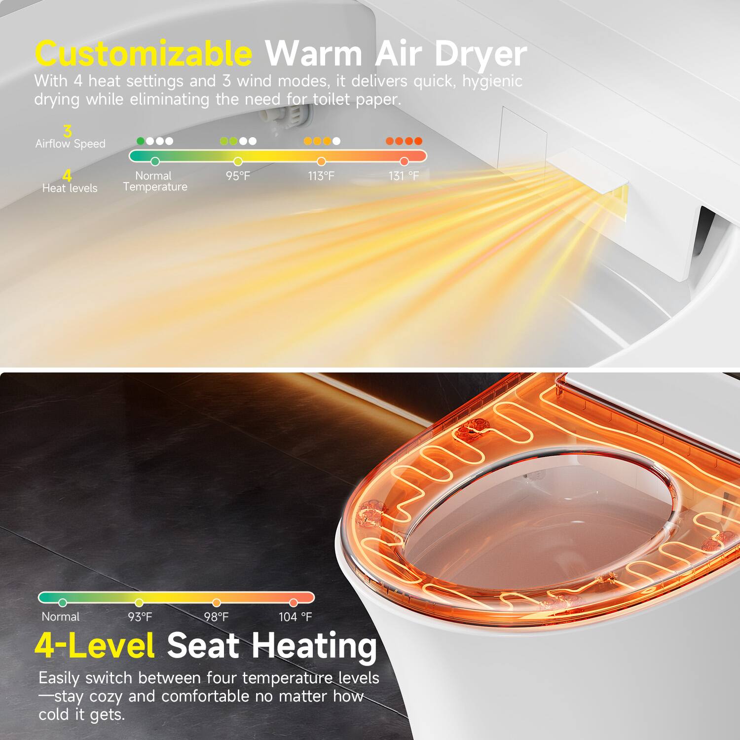 Customizable Warm Air Dryer

With 4 heat settings and 3 wind modes, it delivers quick, hygienic drying while eliminating the need for toilet paper.

3 Airflow Speed

4 Heat levels

Normal Temperature

95°F 113°F 131°F

Normal 93°F 98°F 104°F

4-Level Seat Heating

Easily switch between four temperature levels to stay cozy and comfortable no matter how cold it gets.
