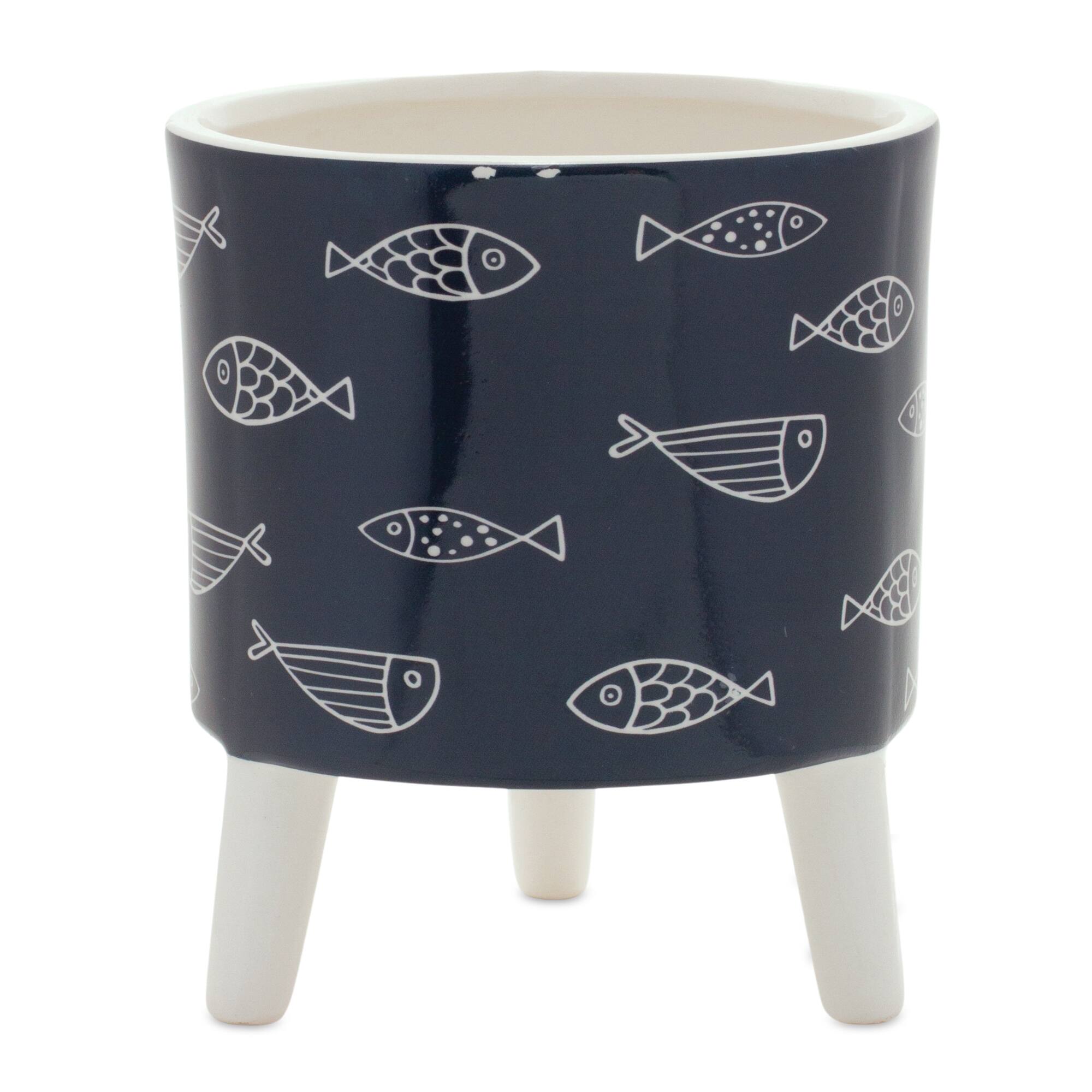 Left. BreeBe - Coastal Fish Pattern Planter with Legs (Set of 12) - Blue, White.