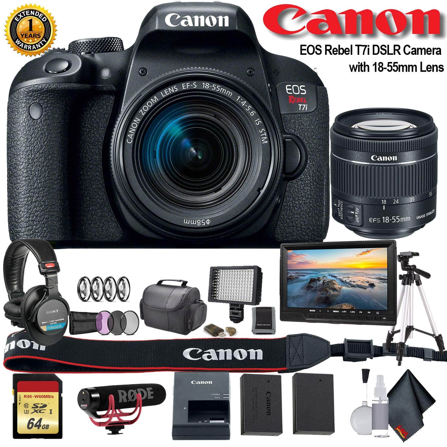 Canon - EOS Rebel T7i DSLR Camera with 18-55mm Lens (1894C002) W/Bag, Extra Battery, LED Light, Mic, Filters, Tripod Bundl