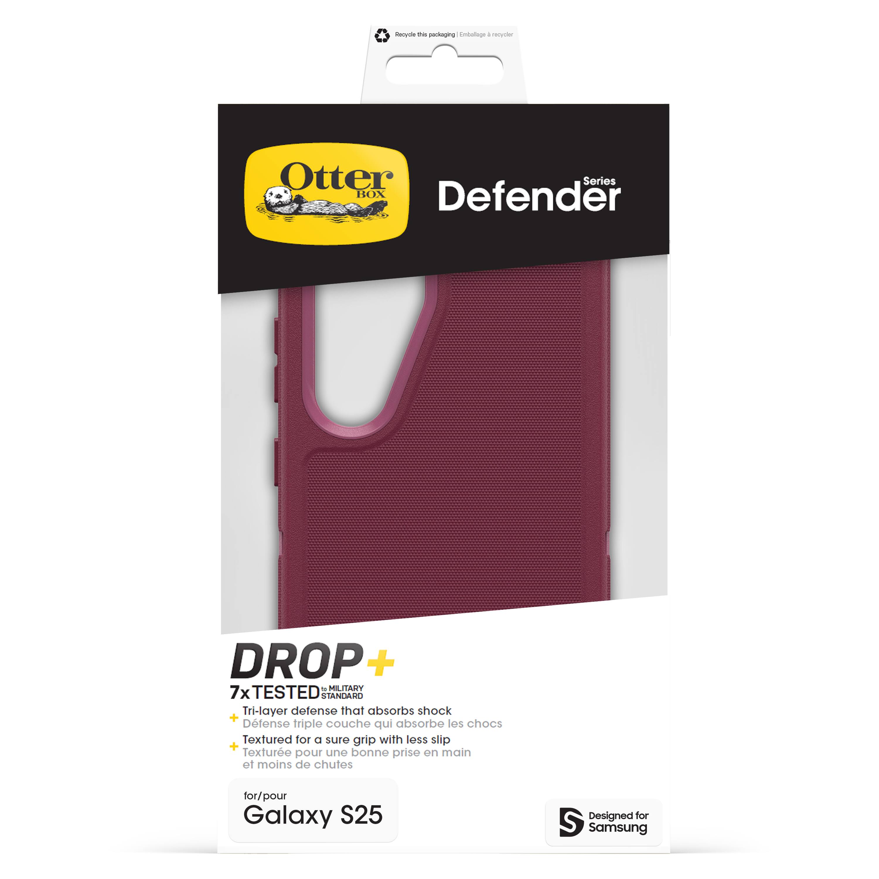 The text on the image reads: "Otter Series BOX Defender DROP + 7x TESTED V STANDARD Tri-layer defense that absorbs shock + Dense triple couche qui absorbe les chocs Textured for a sure grip with less slip + Texture pour une bonne prise en main et moins de chutes for/pour Galaxy S25 Designed for Samsung."