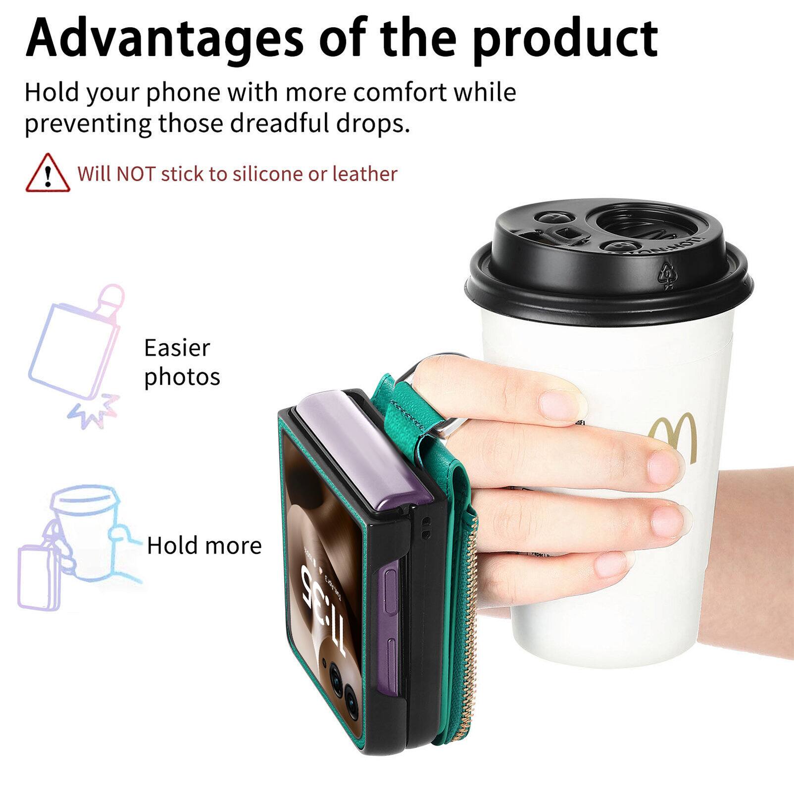 Advantages of the product

Hold your phone with more comfort while preventing those dreadful drops.

Will NOT stick to silicone or leather

Easier photos

Hold more