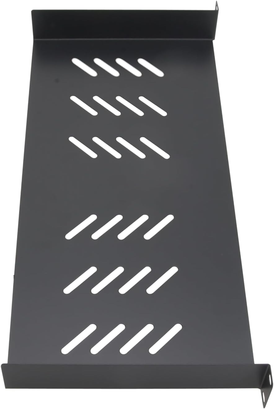 Left. Cables Direct Online - 1U 19" Vented Server Rack Shelf - 8" (210mm) Deep No-Lip Steel Tray, 11lb Capacity  for Network Racks & Cabinets - Black.