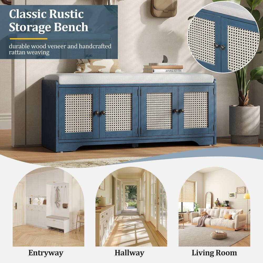 Classic Rustic Storage Bench  
durable wood veneer and handcrafted rattan weaving  

Entryway  
Hallway  
Living Room
