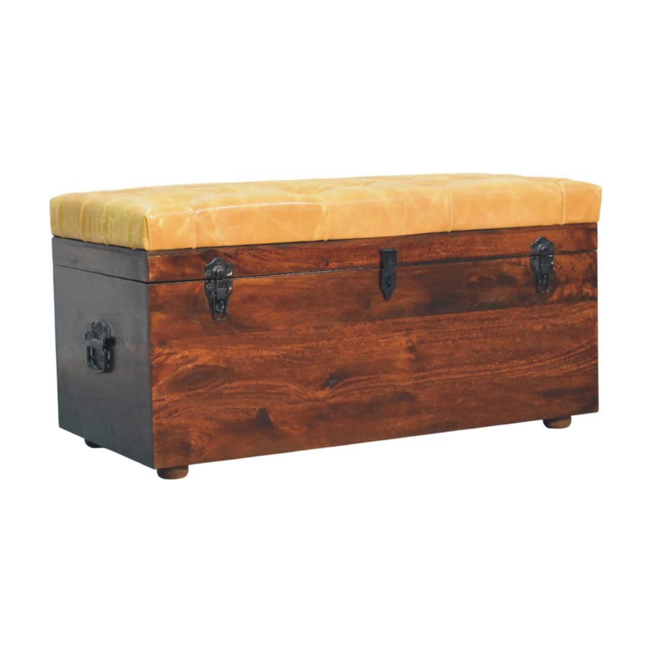 Angle. Artisan Furniture - Artisan Furniture Solid Wood Walnut Storage Trunk Bench with Tan Leather, Orange and Dark Brown - Orange And Brown.