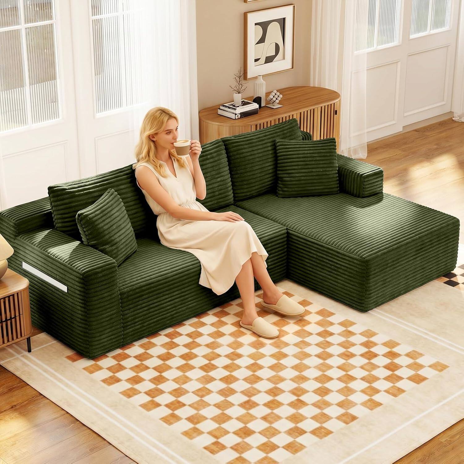 Angle. Anysun - 94.5" Modern Minimalist Right Facing L-Shaped Upholstered Sectional Couch with Chaise, No Assembly Required - Green.