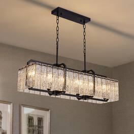 Siljoy - 39.3 Inch 6-Light Linear Crystal Chandelier Water Ripple Glass Farmhouse Pendant Light for Island Dining Room - Black