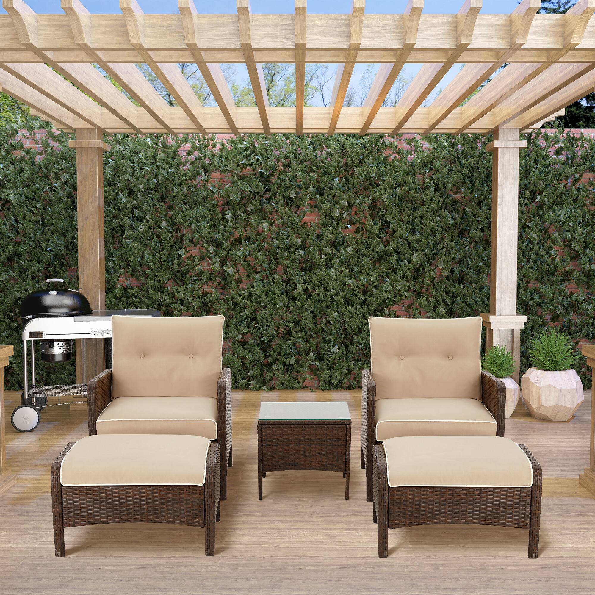 Left. Mondawe - 5-Piece Wicker Outdoor Conversation Sofa Set with Cushions - Brown+Khaki.