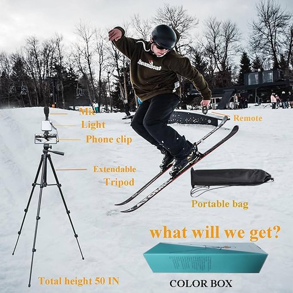 - Mic
- Light
- Phone clip
- Remote
- Extendable Tripod
- Portable bag
- Total height 50 IN
- COLOR BOX

what will we get?