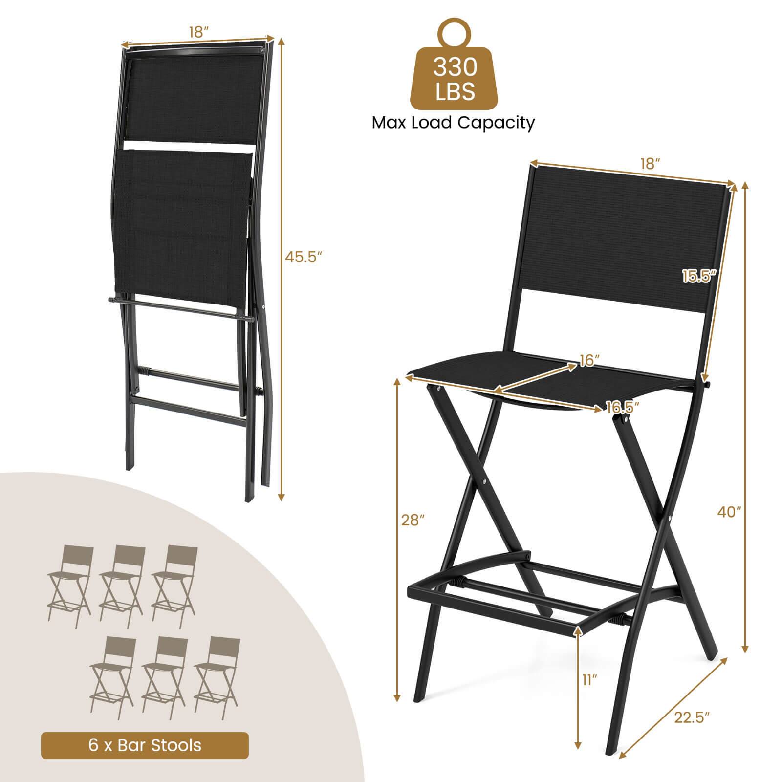 The corrected text from the image is:

- 18" Max Load Capacity
- 330 LBS
- 18" x 45.5" x 15.5" x 16" x 16.5" x 28" x 40" x 11" x 22.5"
- 6 x Bar Stools
