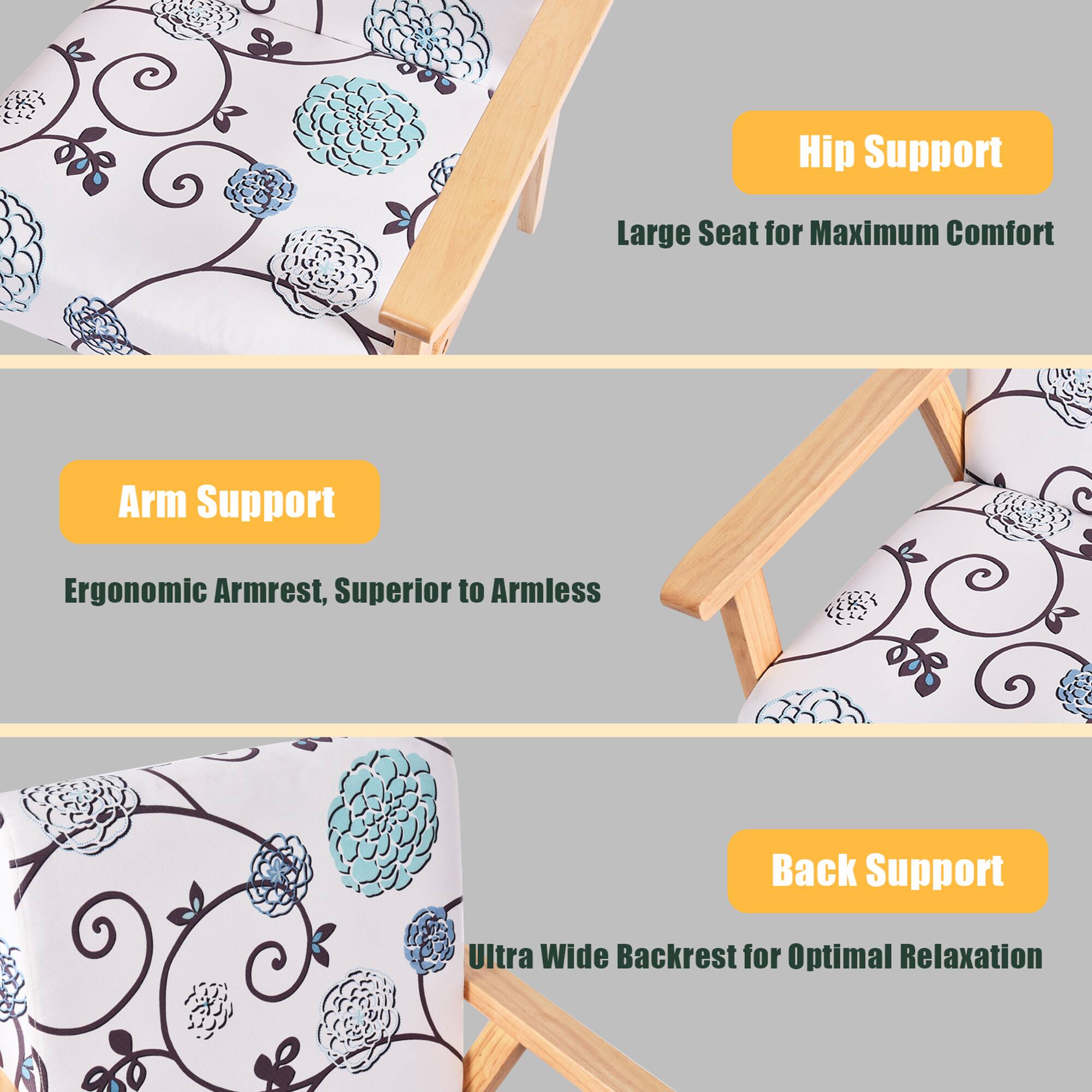 The text on the image is grouped and corrected as follows:

1. Hip Support: Large Seat for Maximum Comfort
2. Arm Support: Ergonomic Armrest, Superior to Armless
3. Back Support: Ultra Wide Backrest for Optimal Relaxation