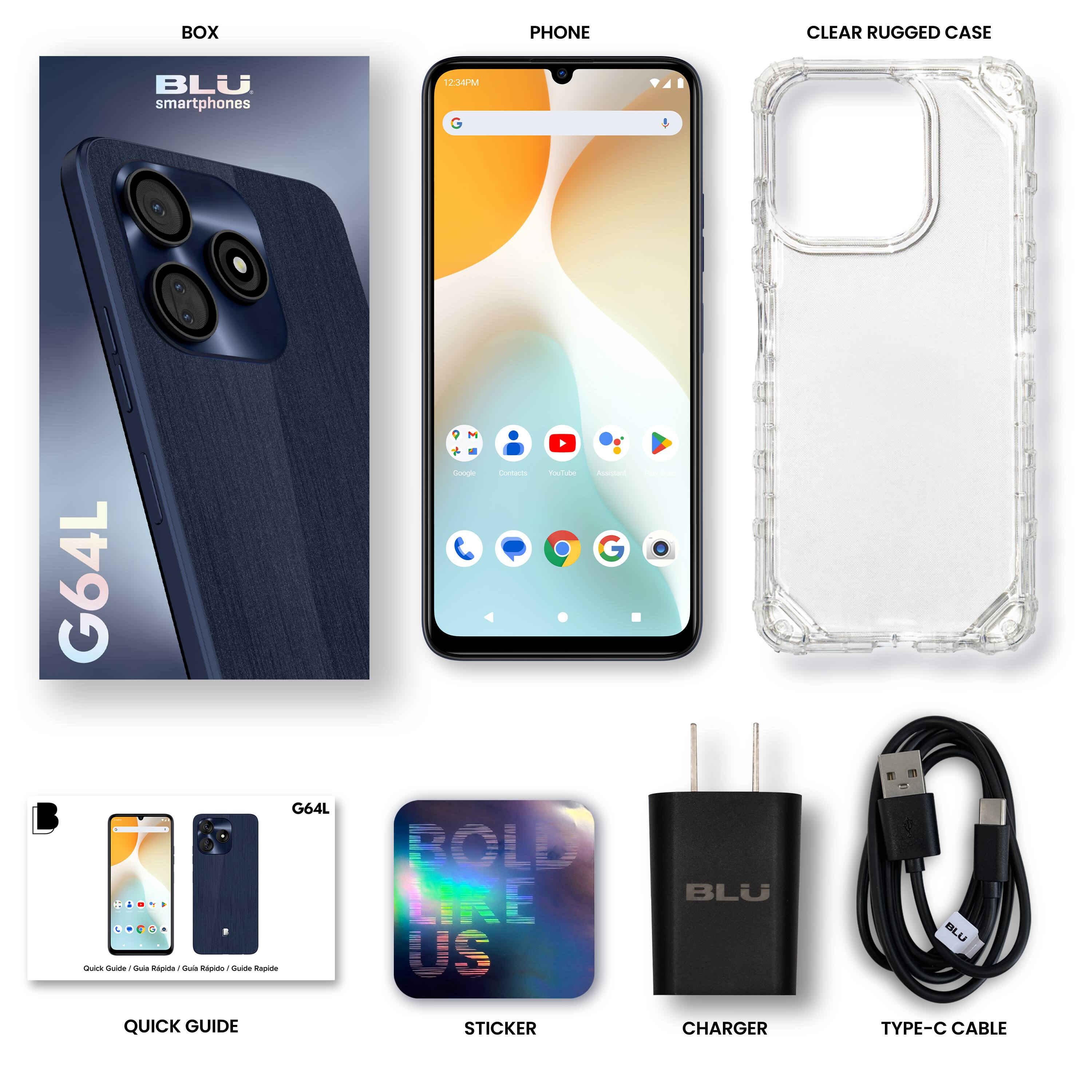 BOX PHONE CLEAR RUGGED CASE BLU smartphones CMN G64L Goope Corets A malue ANE oe m G64L - as  - C - c ipine -  ROLD MNE US BLU BLU QUICK GUIDE STICKER CHARGER TYPE-C CABLE