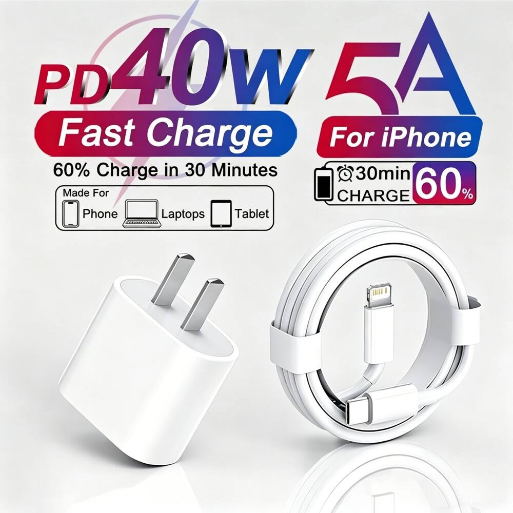 PD 40W 5A Fast Charge  
60% Charge in 30 Minutes  
For iPhone  
Made For Phone, Laptops, Tablet  
30min Charge 60%