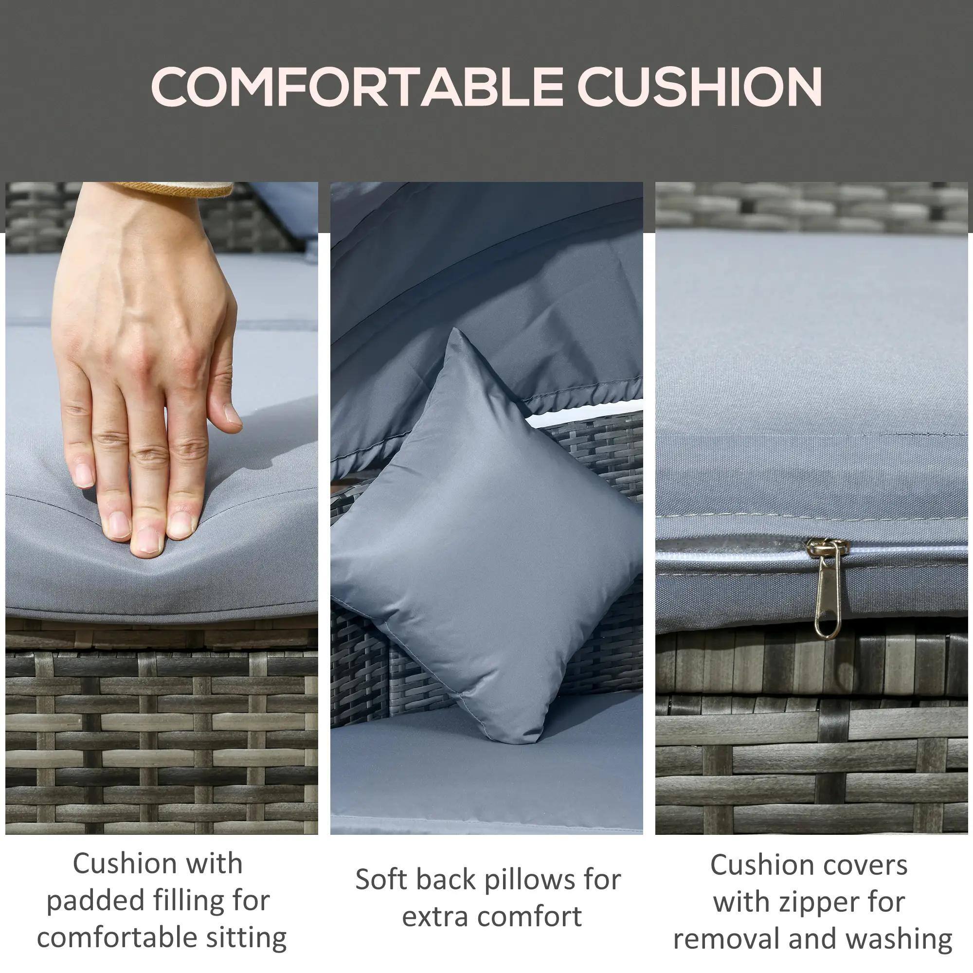 COMFORTABLE CUSHION

Cushion with padded filling for comfortable sitting
Soft back pillows for extra comfort
Cushion covers with zipper for removal and washing