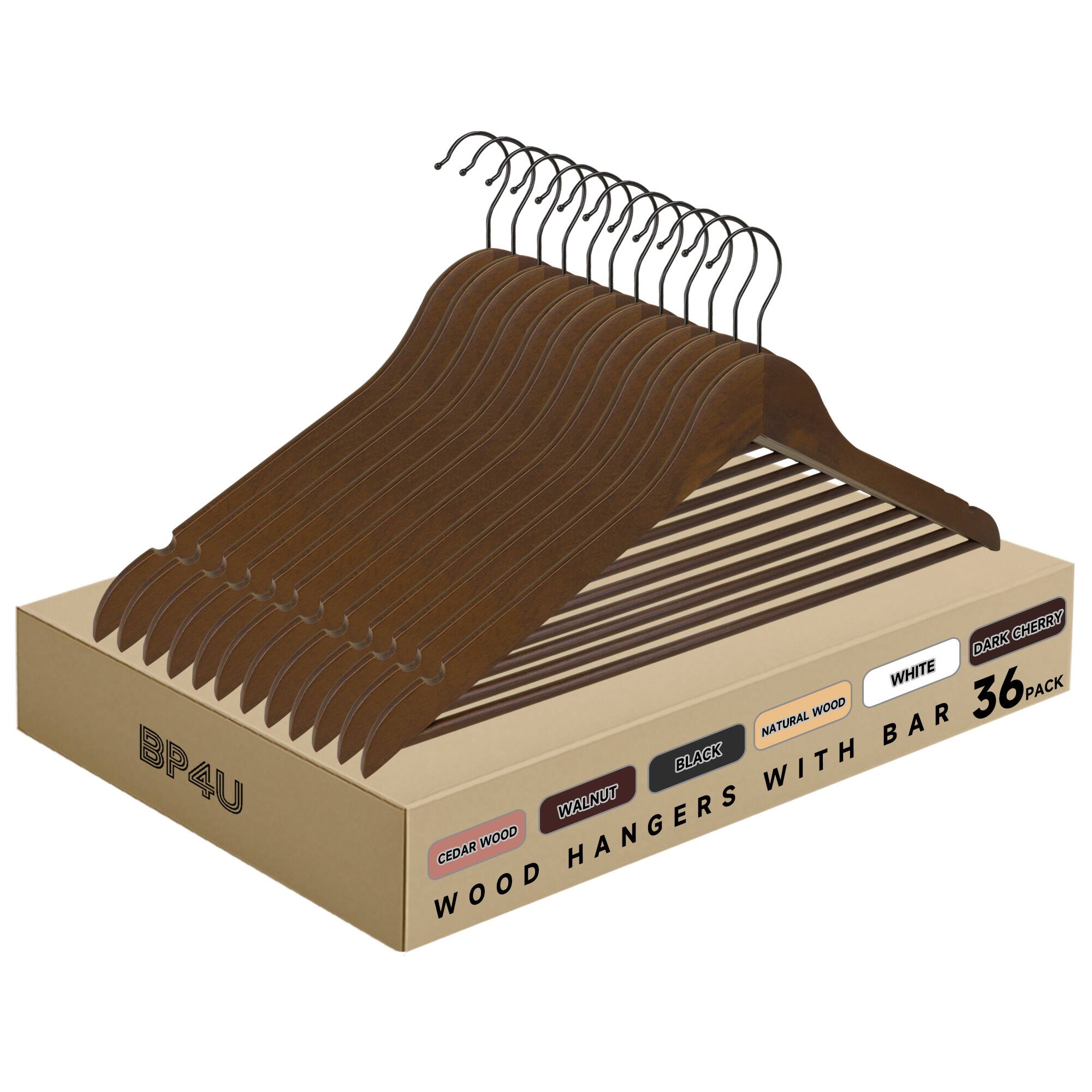 BP4U  
WOOD HANGERS WITH BAR  
36 PACK  
CEDAR WOOD  
WALNUT  
BLACK  
NATURAL WOOD  
WHITE  
DARK CHERRY