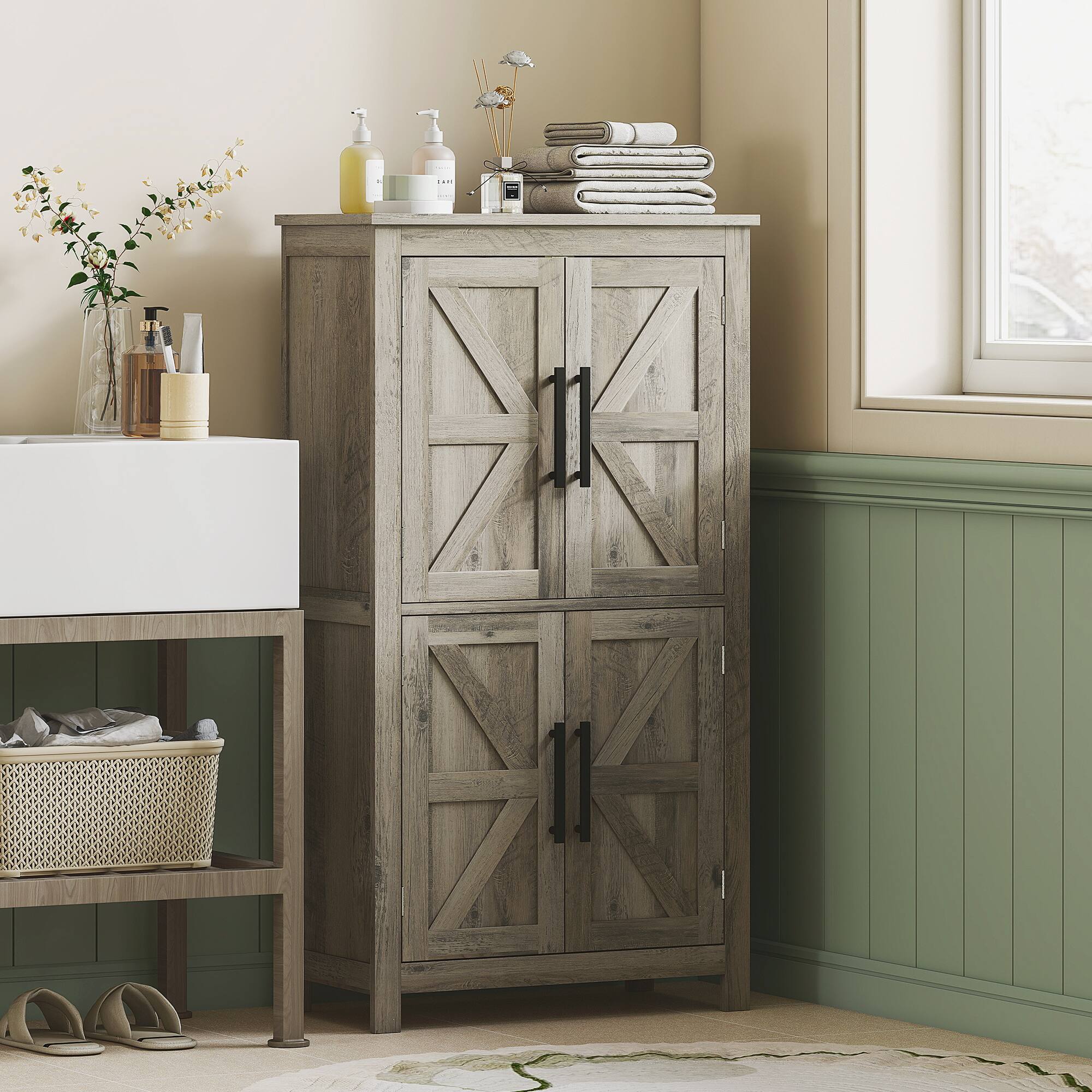 Alt View 1. Homcom - Floor Storage Cabinet, Farmhouse Bathroom Cabinet with 4 Doors and Adjustable Shelf - Light Gray.