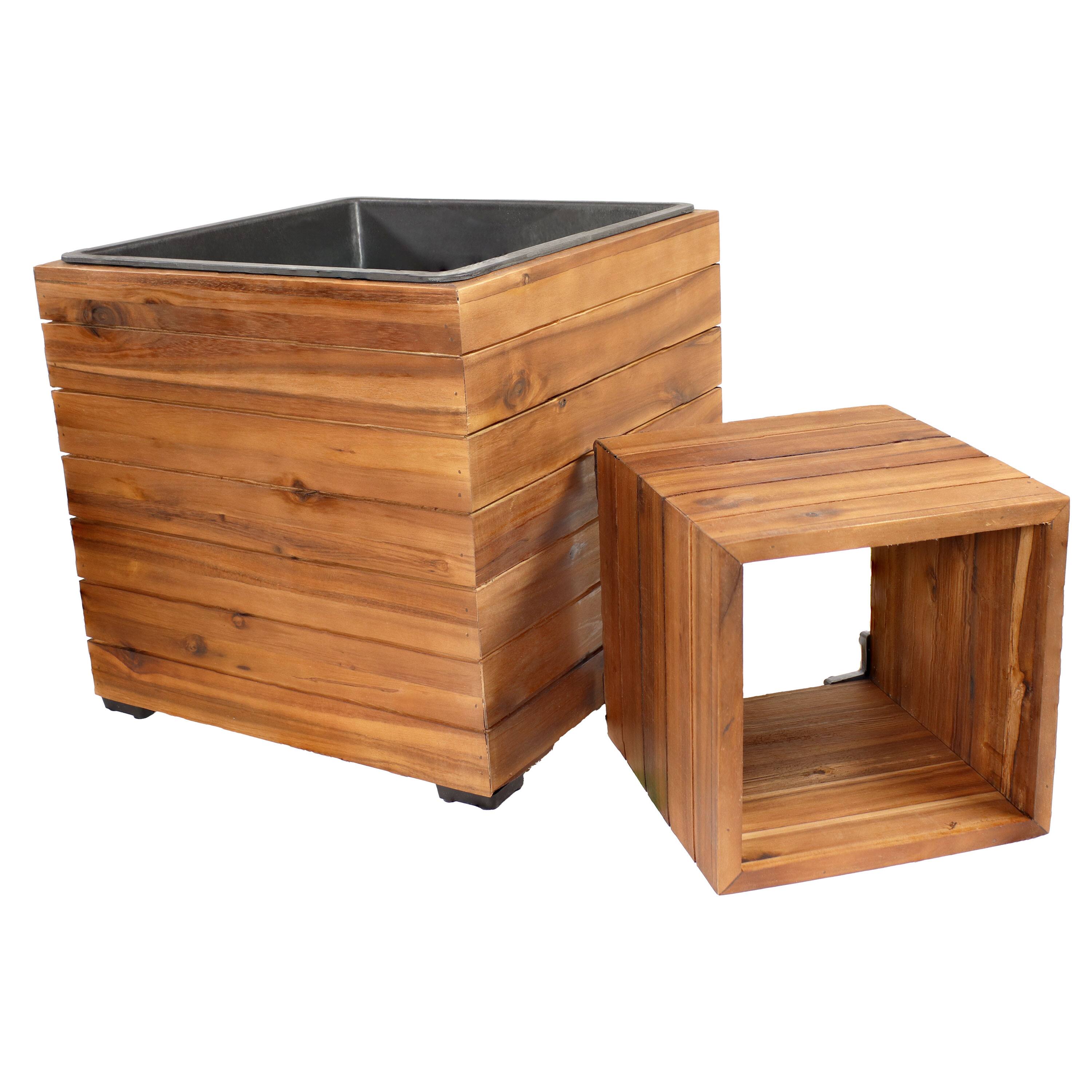 Alt View 5. Sunnydaze - 2-Piece Square Wood Planter Box with Liner - Light Brown Stain.