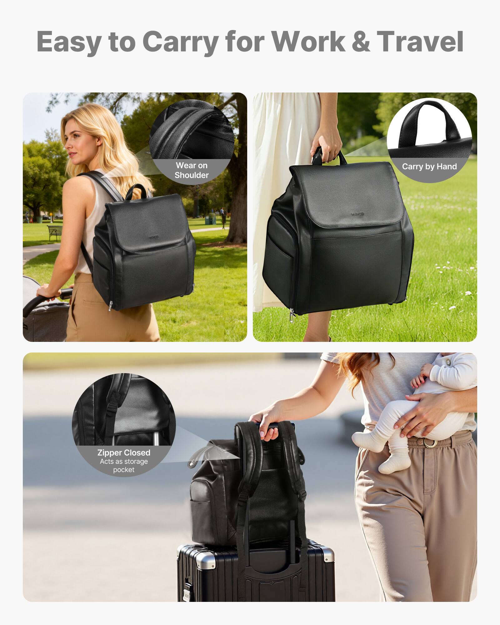 Easy to Carry for Work & Travel

- Wear on Shoulder
- Carry by Hand
- Zipper Closed
  - Acts as storage pocket
