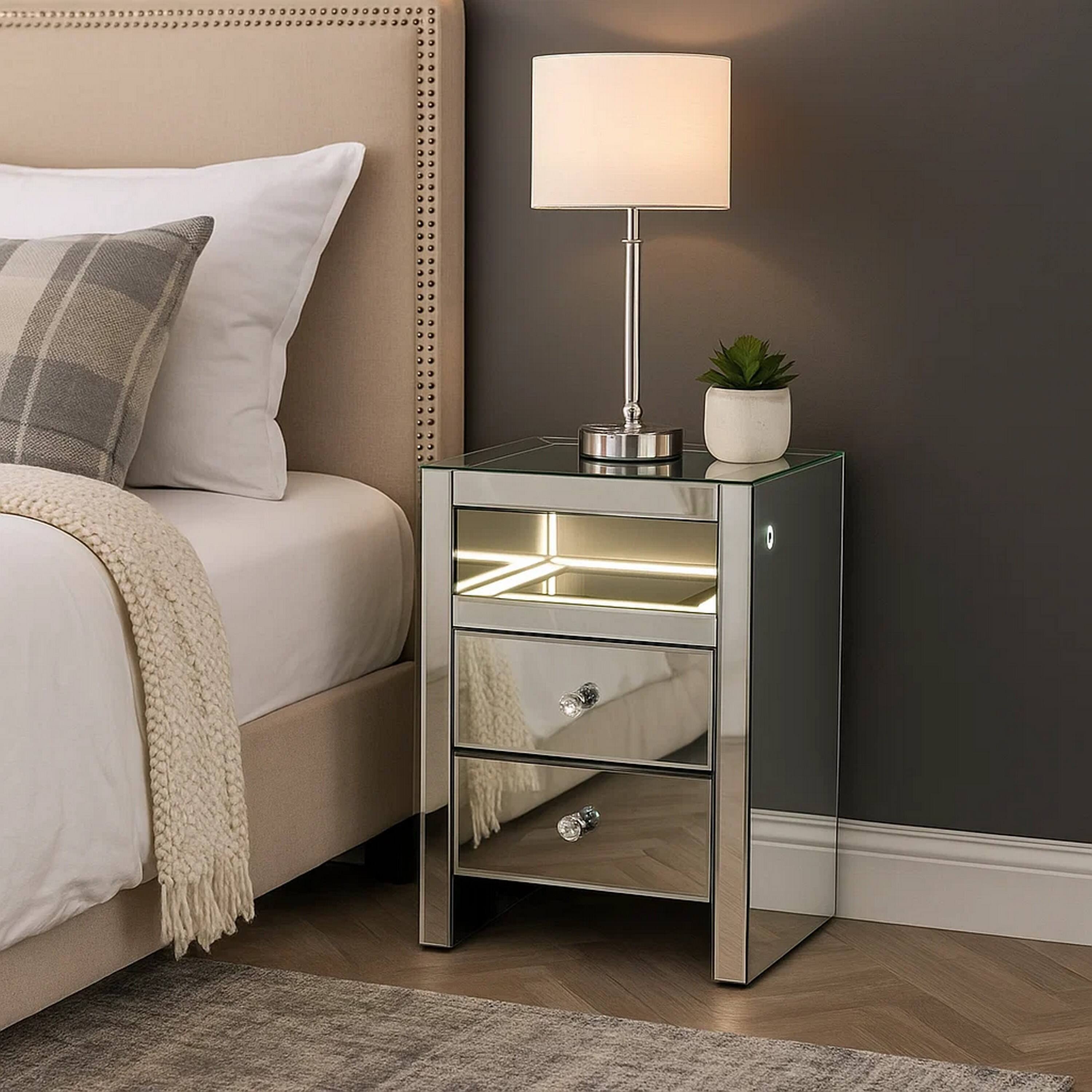 Alt View 5. Manhattan Lane - 2 Drawer Beveled Mirrored Accent Table with Glass Top and LED - Silver.