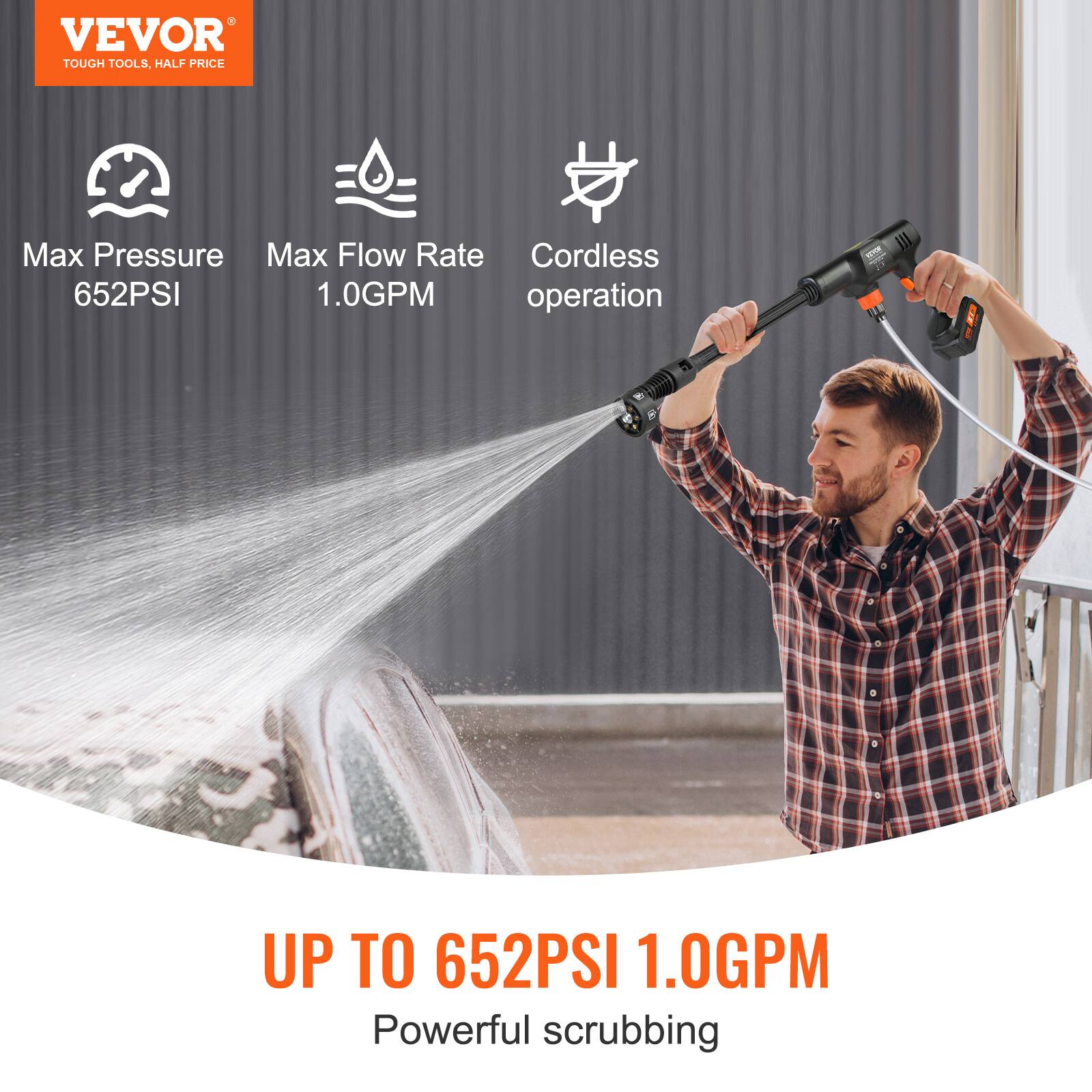 VEVOR  
TOUGH TOOLS, HALF PRICE  

Max Pressure  
652PSI  

Max Flow Rate  
1.0GPM  

Cordless operation  

UP TO 652PSI 1.0GPM  
Powerful scrubbing