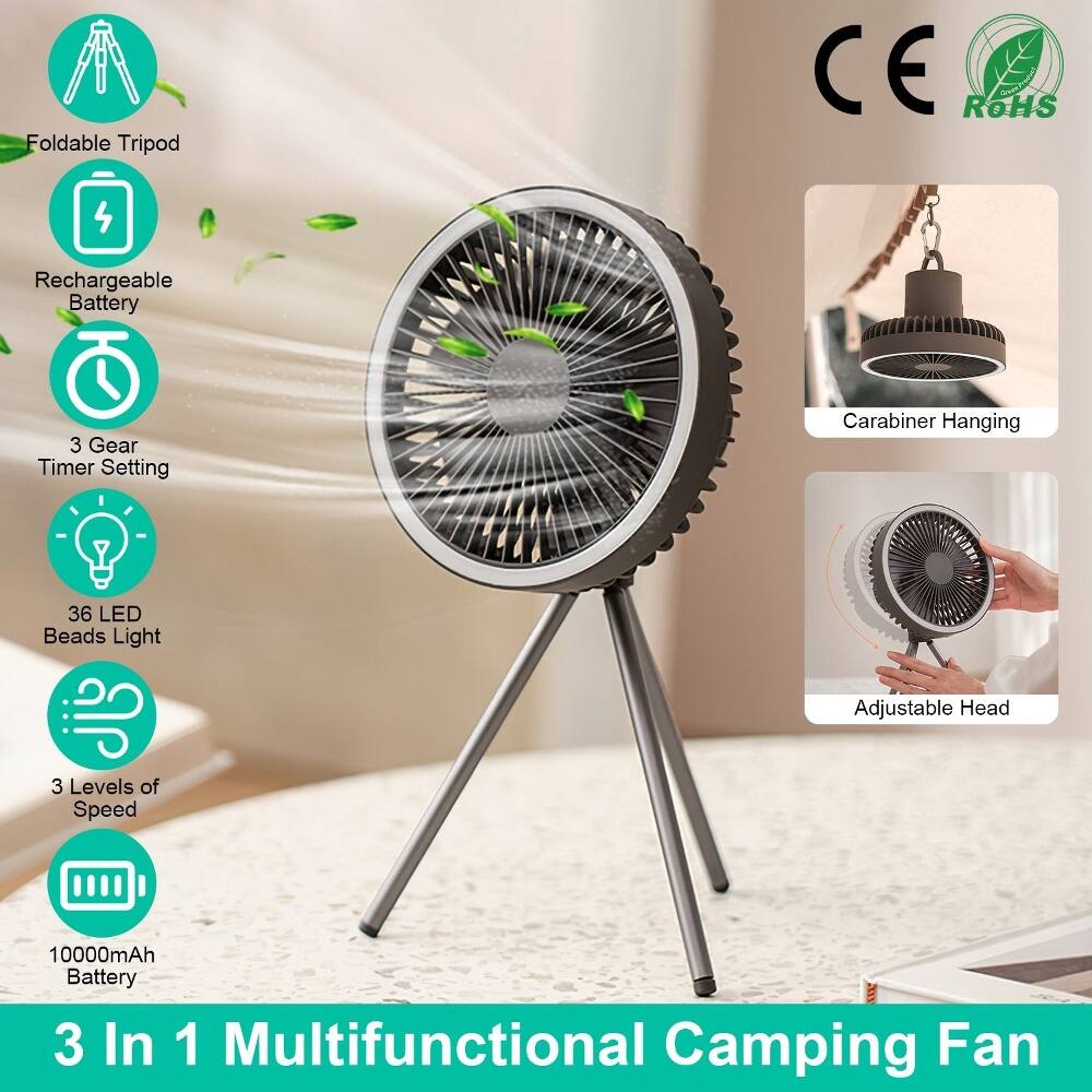 Foldable Tripod CE ROHS Bet 4 Rechargeable Battery 3 Gear Timer Setting Carabiner Hanging 36 LED Beads Light Adjustable Head 3 Levels of Speed 10000mAh Battery 3 In 1 Multifunctional Camping Fan