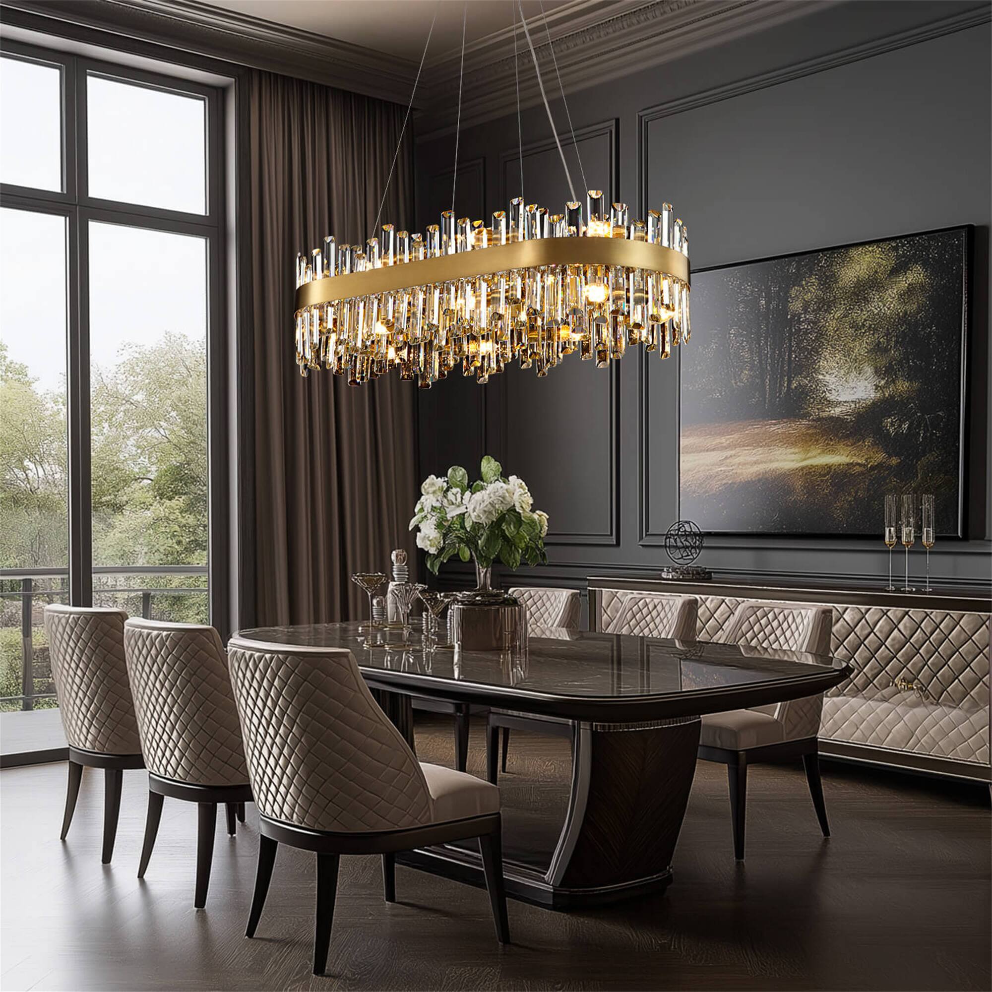 Back. Siljoy - Siljoy 20-Light Brushed Gold Rectangle Chandelier, 52in K9 Crystal Raindrop E12 Pendant for Dining/Living/Kitchen - Gold.