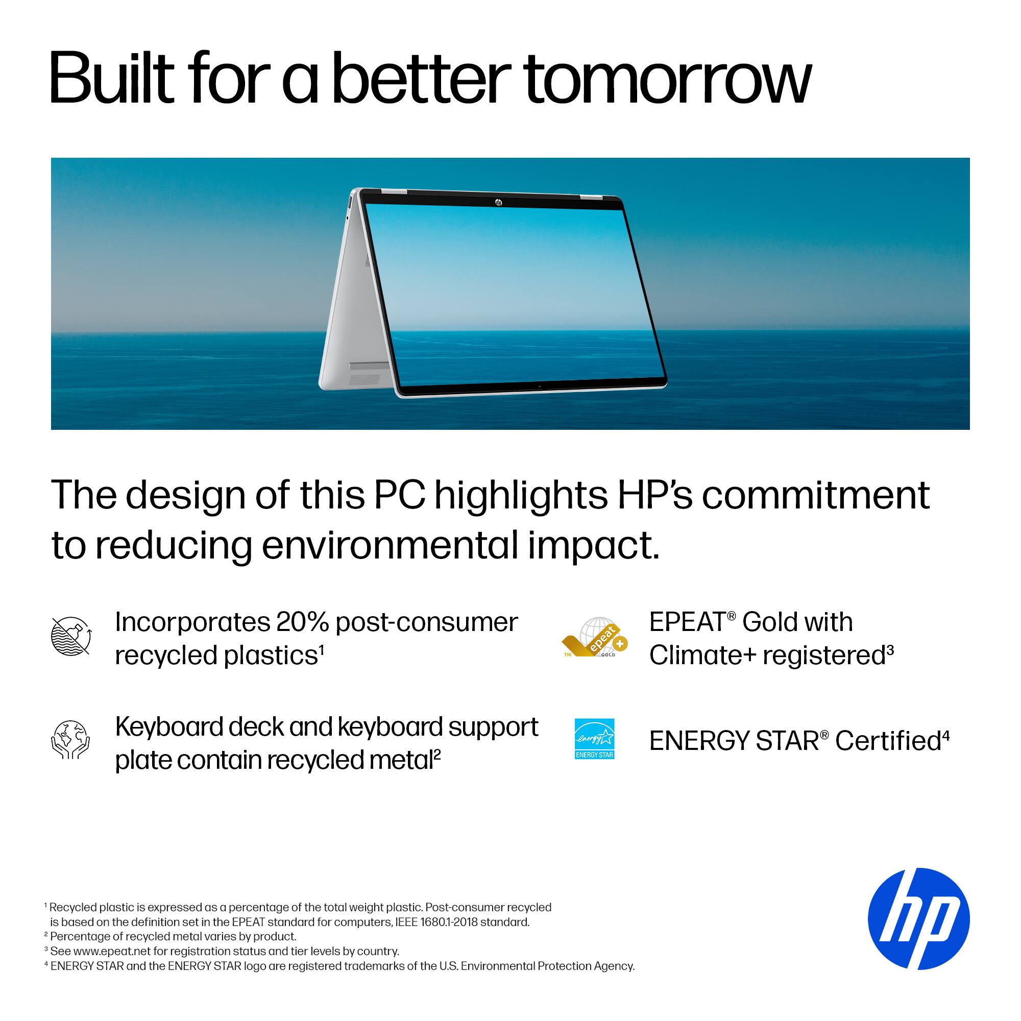 Built for a better tomorrow. The design of this PC highlights HP's commitment to reducing environmental impact. Incorporates 20% post-consumer recycled plastics. EPEAT Gold with epeat x! Climate+ registered. Keyboard deck and keyboard support. ENERGY STAR Certified. M 1 plate contain recycled metal. Recycled plastic expressed as a percentage of the total weight of plastic. Post-consumer recycled is based on the definition set in the EPEAT standard for computers. EEE 16801-2018 standard. Percentage of recycled metal varies by product. See [www.epeat.net](http://www.epeat.net) for registration status and tier levels by country. ENERGY STAR and the ENERGY STAR logo are registered trademarks of the U.S. Environmental Protection Agency. HP.