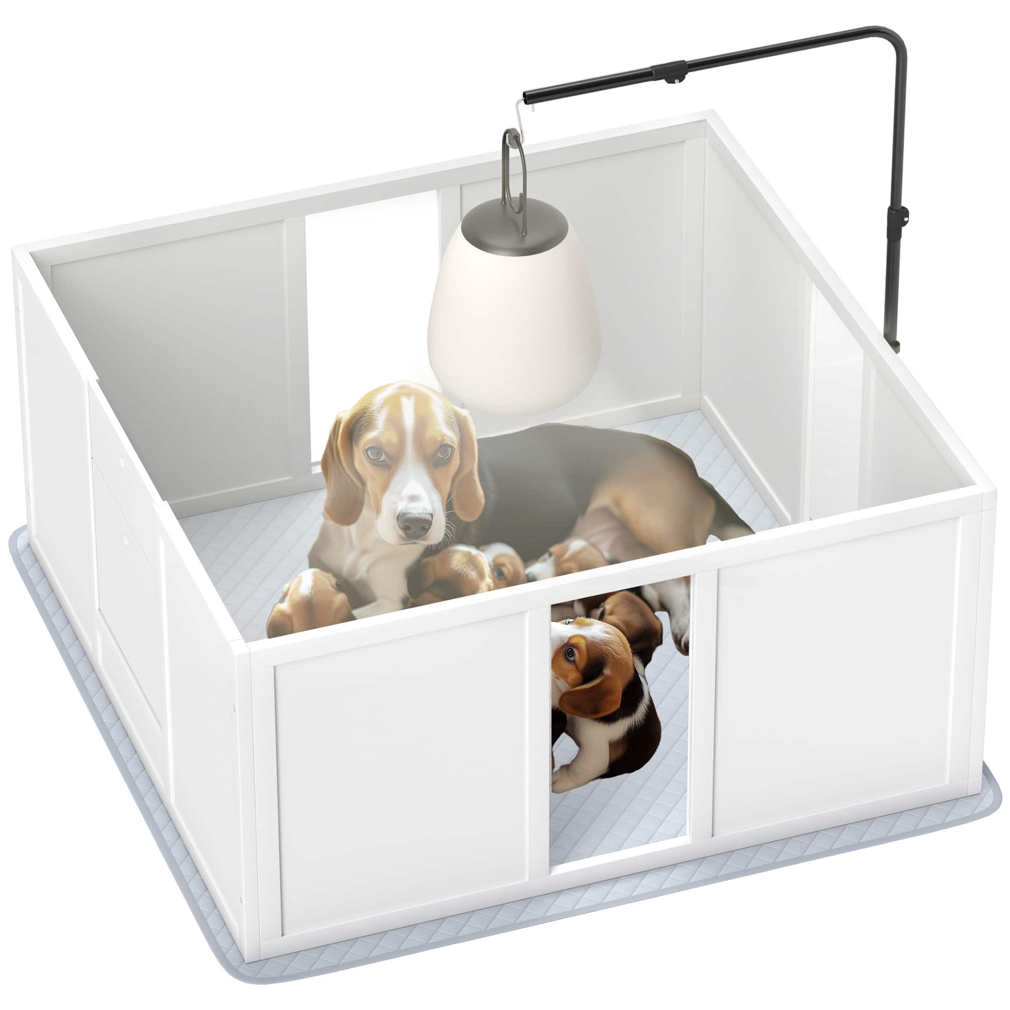 Siljoy - Dog Whelping Box with Retractable Light Stand, Waterproof Pad & Adjustable Door, 39" x 38" - White