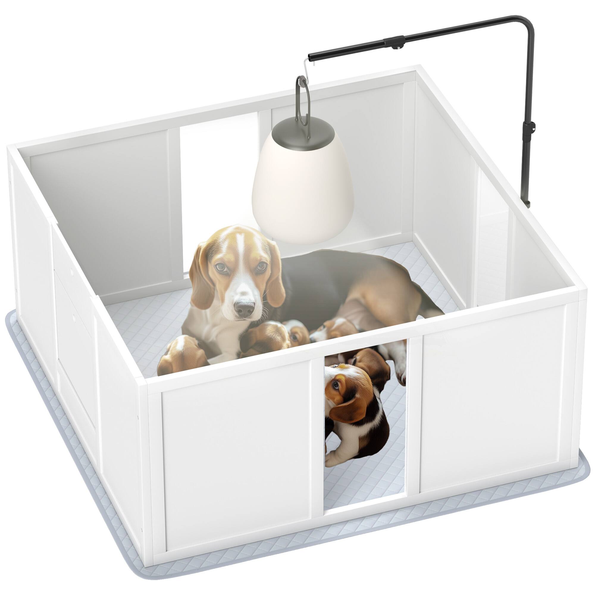 Front. Siljoy - Dog Whelping Box with Retractable Light Stand, Waterproof Pad & Adjustable Door, 39" x 38" - White.