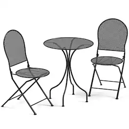SlickBlue - Outdoor Bistro Set, 3 Pieces Metal Round Table with 2 Folding Chairs - Black