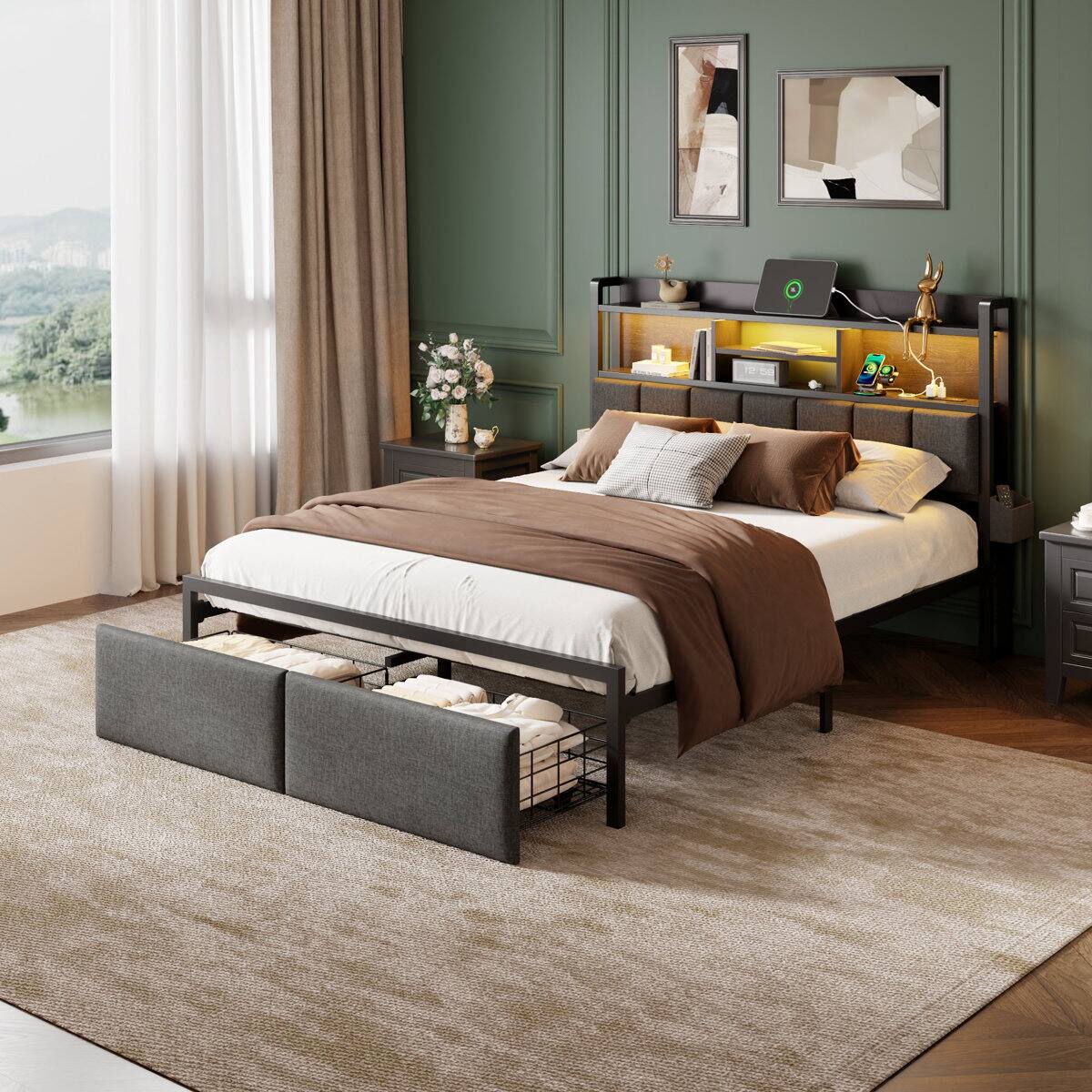 Alt View 1. Furnulem - Upholstered Bed Frame with 2 Storage Drawers Modern Platform Bed with Charging Station & LED Light - Black.