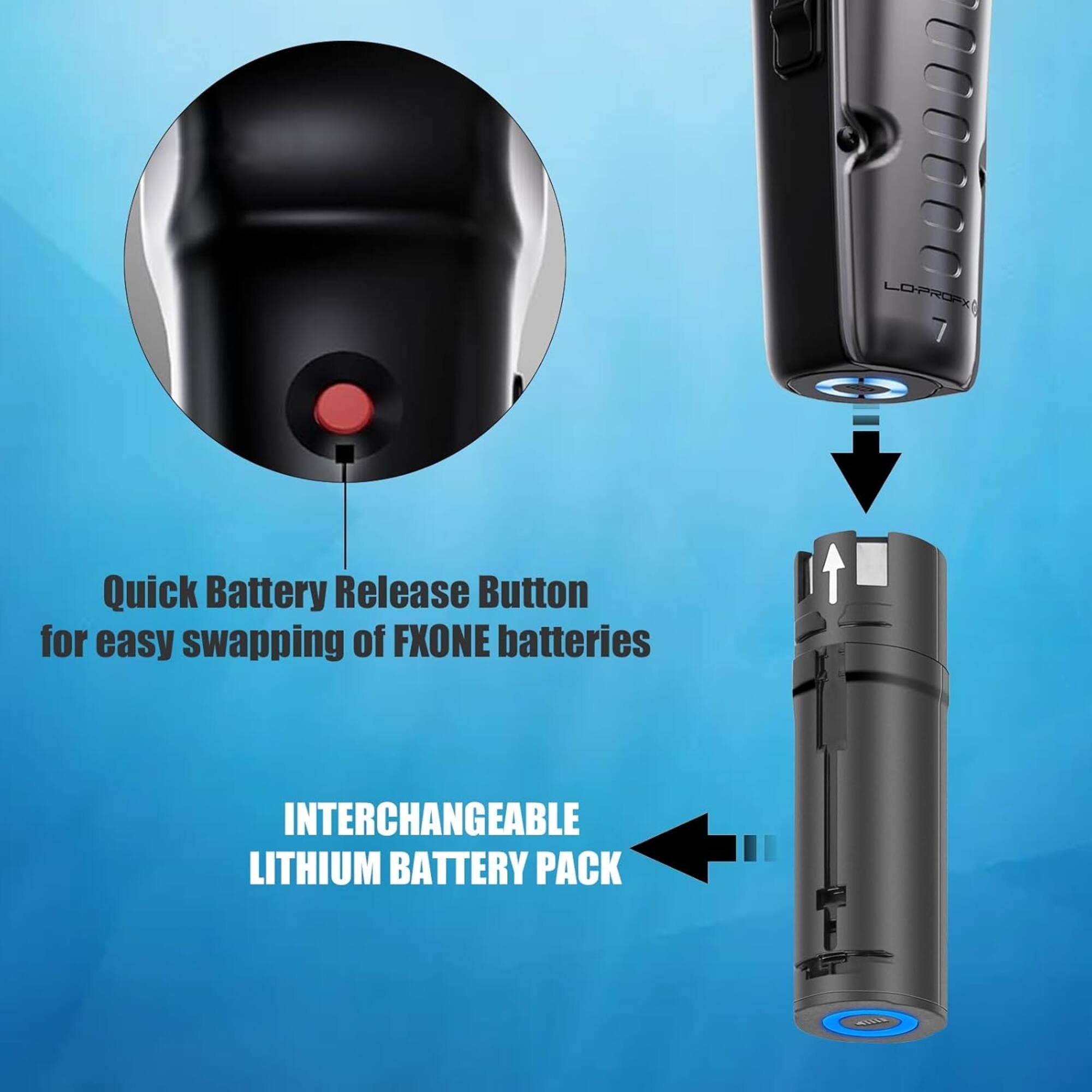 LOPRO 7 Quick Battery Release Button for easy swapping of FXONE batteries  
INTERCHANGEABLE LITHIUM BATTERY PACK