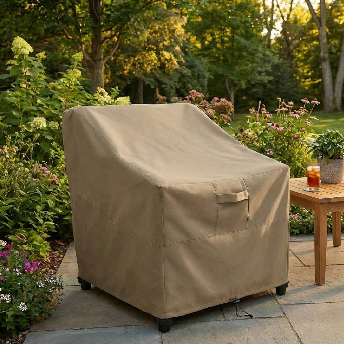 Angle. KHOMO GEAR - Heavy-Duty Patio Chair Cover, Waterproof Outdoor Furniture Protector, Fade & Weather Resistant – Brown (Standard Size) - Brown.