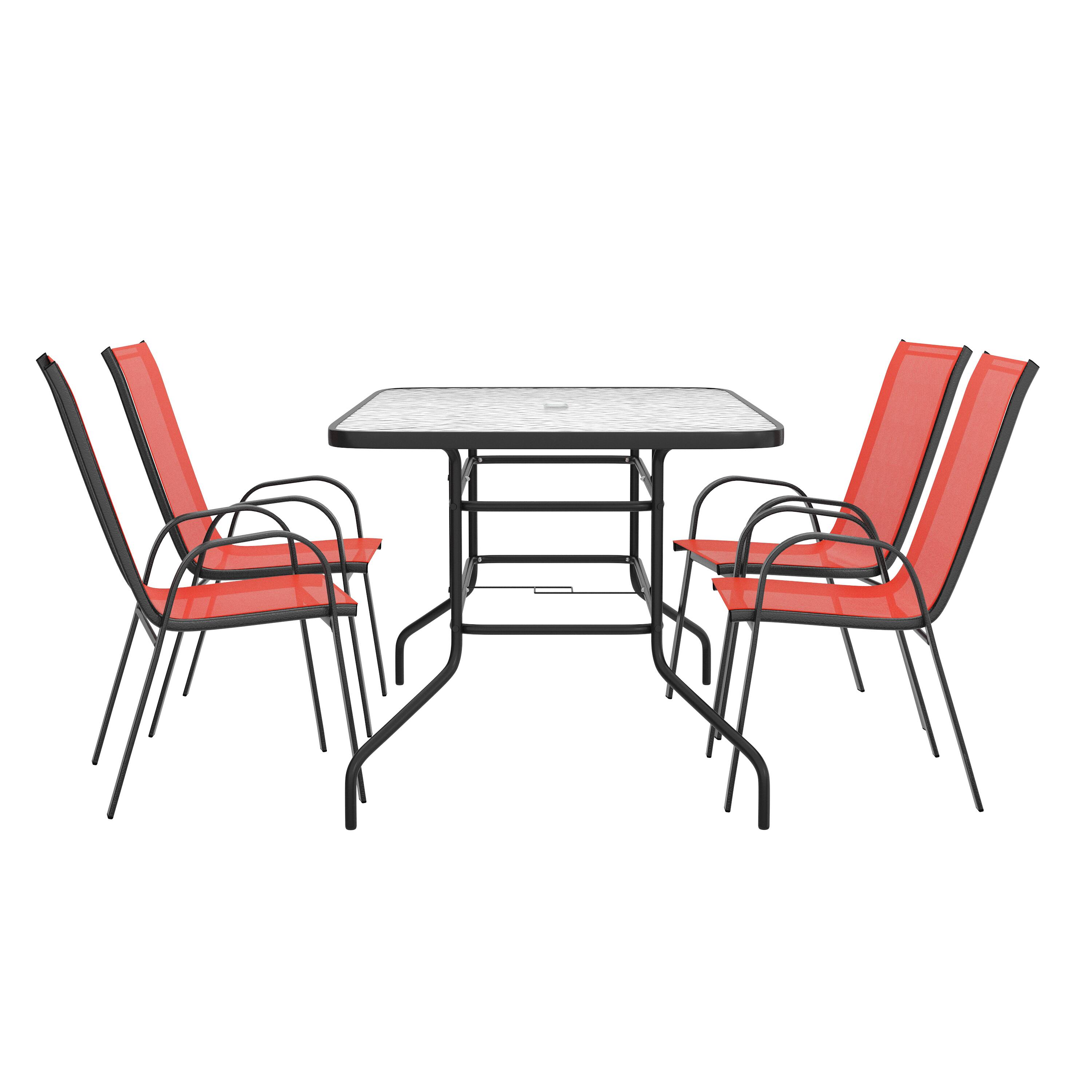 Left. Flash Furniture - Brazos 5 Piece Outdoor Patio Dining Set - 55" Tempered Glass Patio Table with Umbrella Hole, 4 Red Flex Comfort Stack Ch - Red.