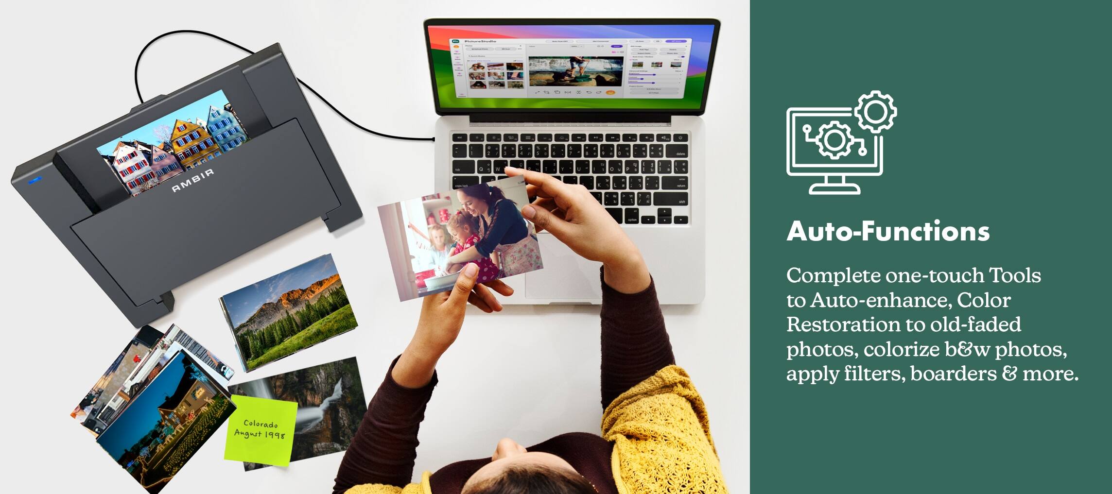 Auto-Functions: Complete one-touch tools to auto-enhance, color restoration to old-faded photos, colorize b8w photos, apply filters, borders & more.