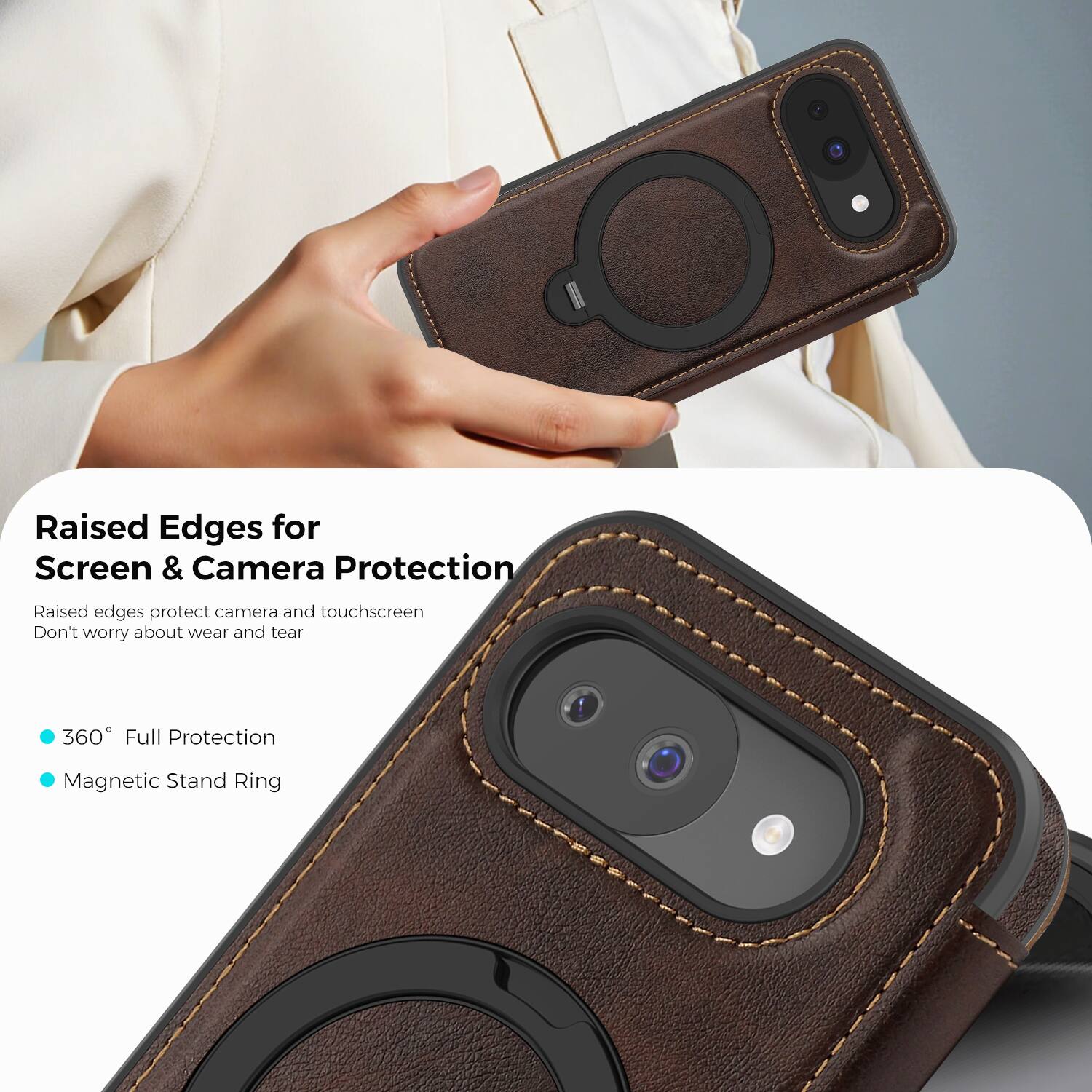 Raised Edges for Screen & Camera Protection  
Raised edges protect camera and touchscreen  
Don't worry about wear and tear  

360° Full Protection  
Magnetic Stand Ring