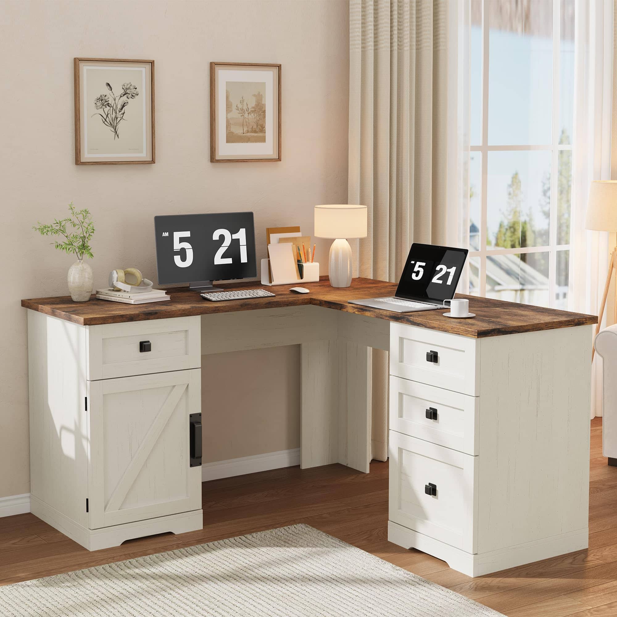 Jojoka - 60" Executive L Shaped Desk, Corner Home Office Desk with File Drawers and Storage Cabinet - Brown