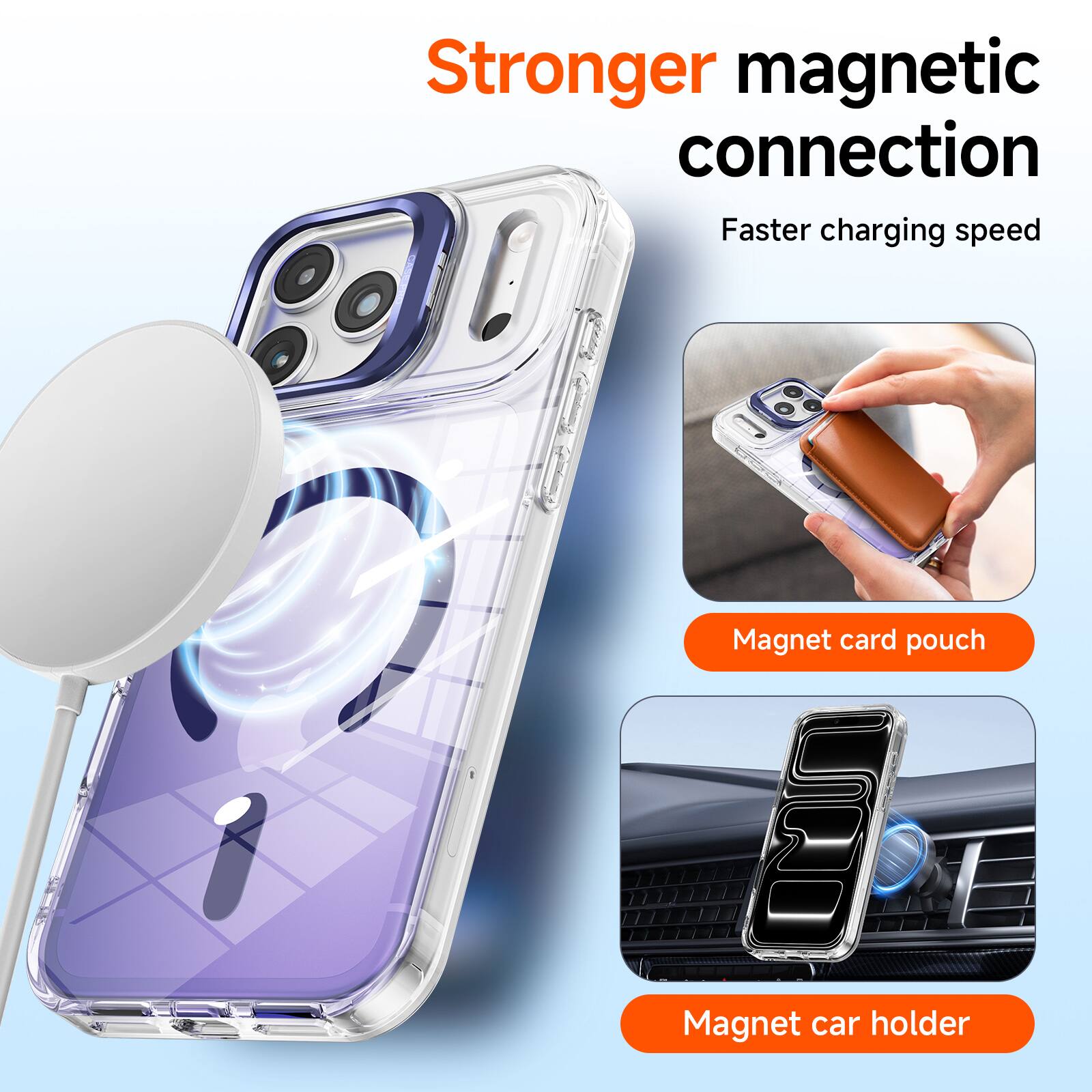 Stronger magnetic connection  
Faster charging speed  
Magnet card pouch  
Magnet car holder