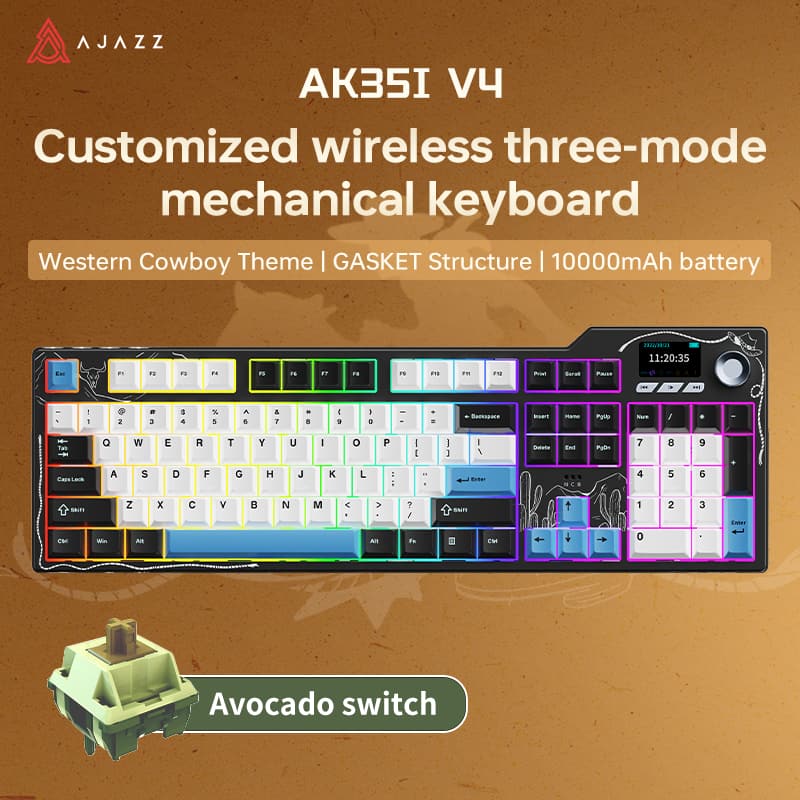 AJAZZ - AK35I V4 Avocado Switch Original White, Blue Three-Mode with Screen RGB DIY Keyboard - Black