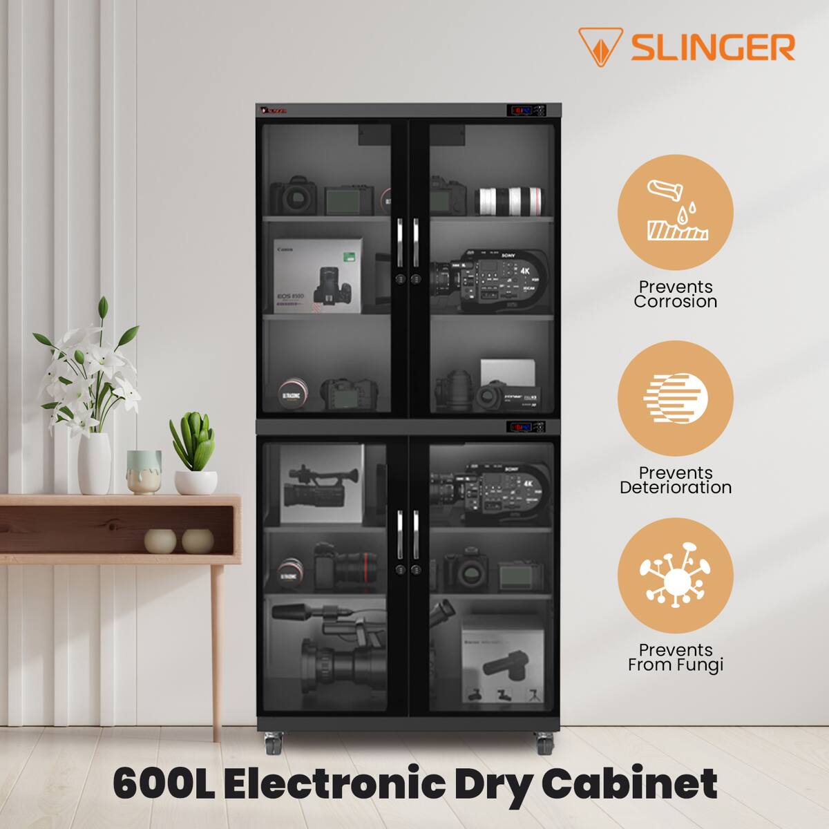 SLINGER

Prevents Corrosion
Prevents Deterioration
Prevents From Fungi

600L Electronic Dry Cabinet