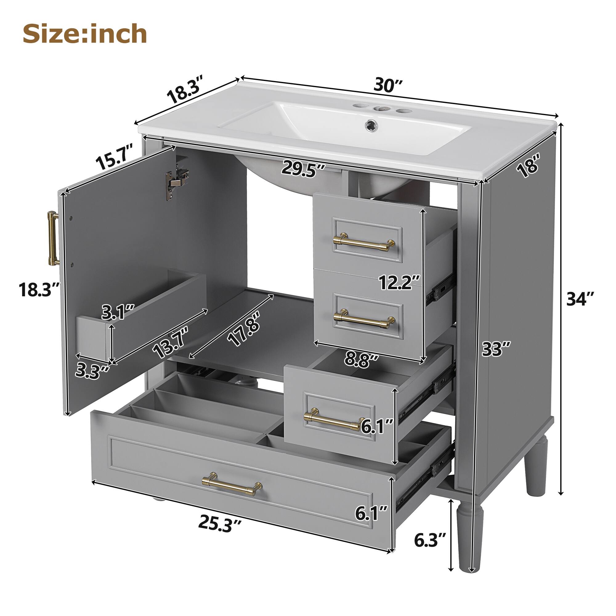 Size: inch

- 30"
- 18.3"
- 15.7"
- 29.5"
- 18"
- 18.3"
- 3.10"
- 13.7"
- 3.3"
- 17.8"
- 12.2"
- 8.8"
- 33"
- 34"
- 6.1"
- 25.3"
- 6.1"
- 6.3"