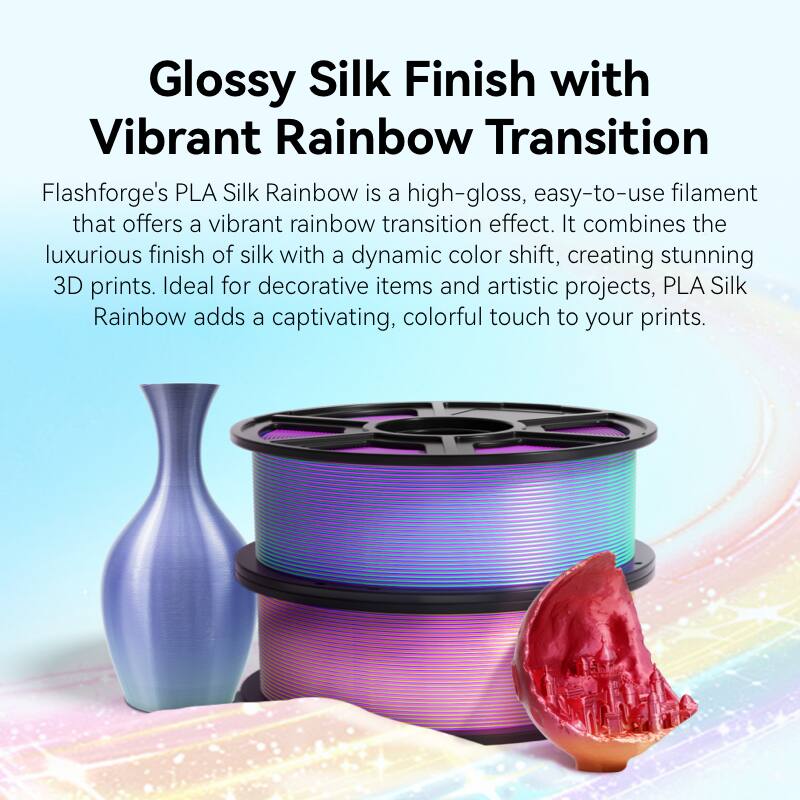 Glossy Silk Finish with Vibrant Rainbow Transition

Flashforge's PLA Silk Rainbow is a high-gloss, easy-to-use filament that offers a vibrant rainbow transition effect. It combines the luxurious finish of silk with a dynamic color shift, creating stunning 3D prints. Ideal for decorative items and artistic projects, PLA Silk Rainbow adds a captivating, colorful touch to your prints.