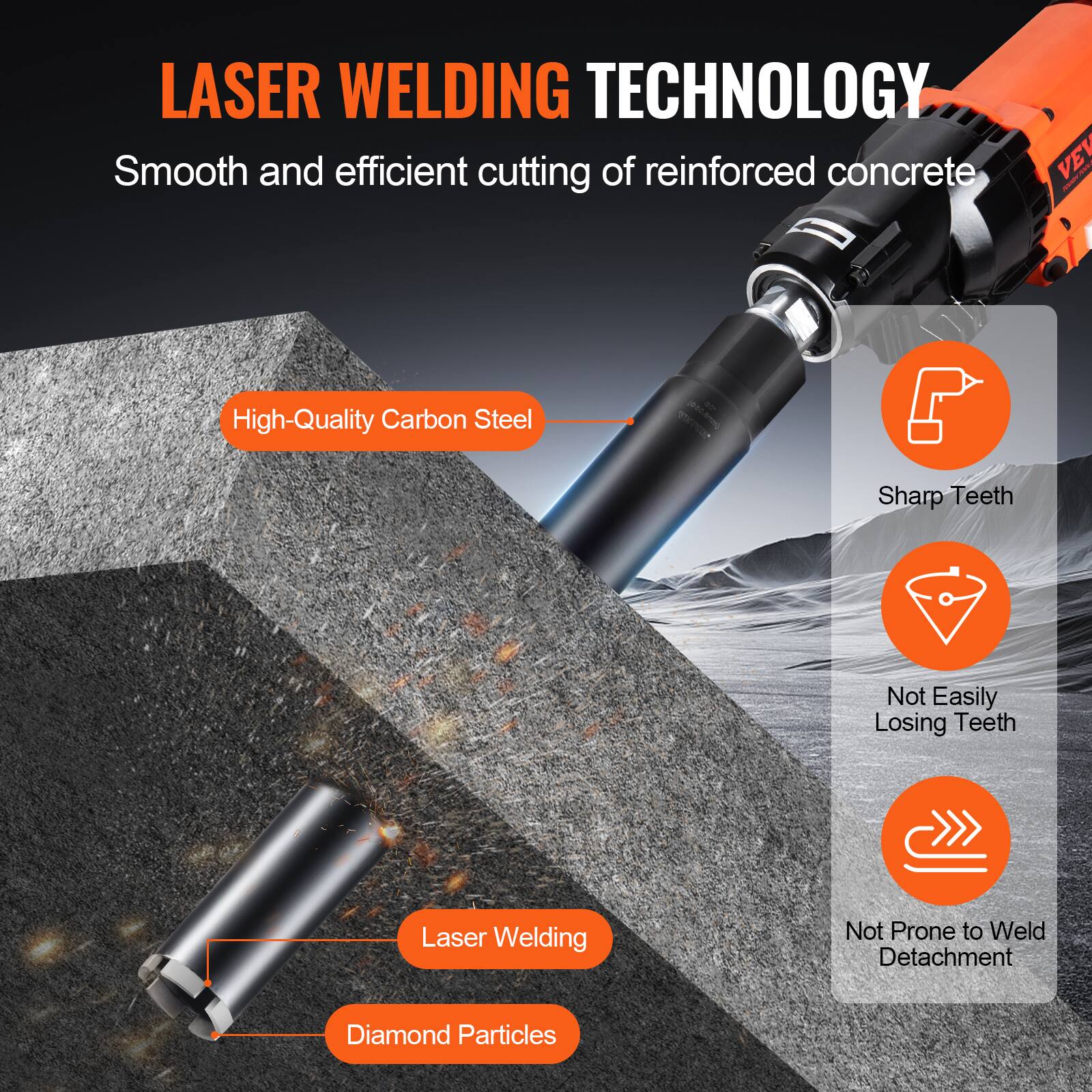 LASER WELDING TECHNOLOGY  
Smooth and efficient cutting of reinforced concrete  

- High-Quality Carbon Steel  
- Sharp Teeth  
- Not Easily Losing Teeth  
- Laser Welding  
- Diamond Particles  
- Not Prone to Weld Detachment
